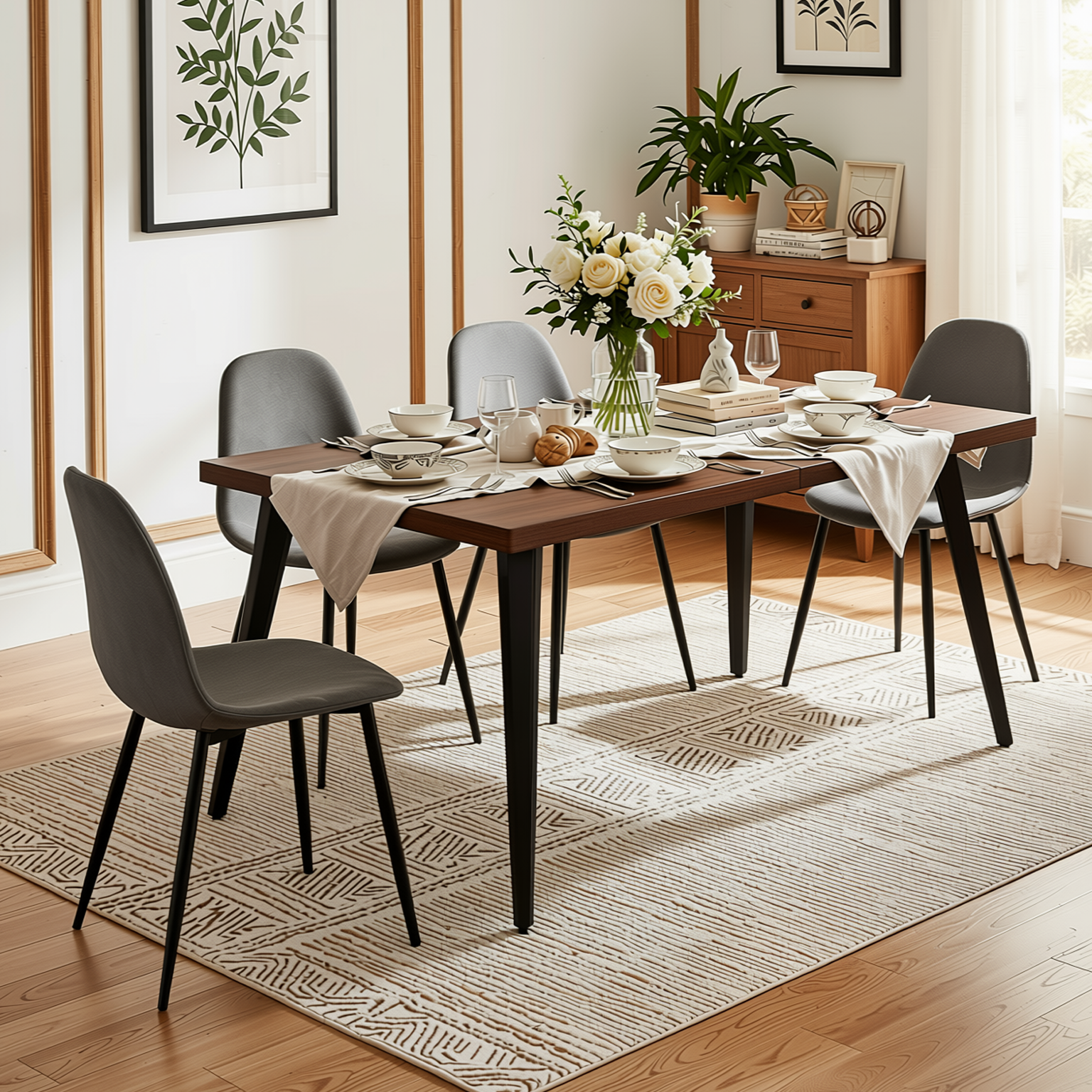 Homy Casa STAN+CHARLTON 5PC Dining Set 63" Rectangular Dark Brown Table with 4 Charlton Grey Fabric Chairs