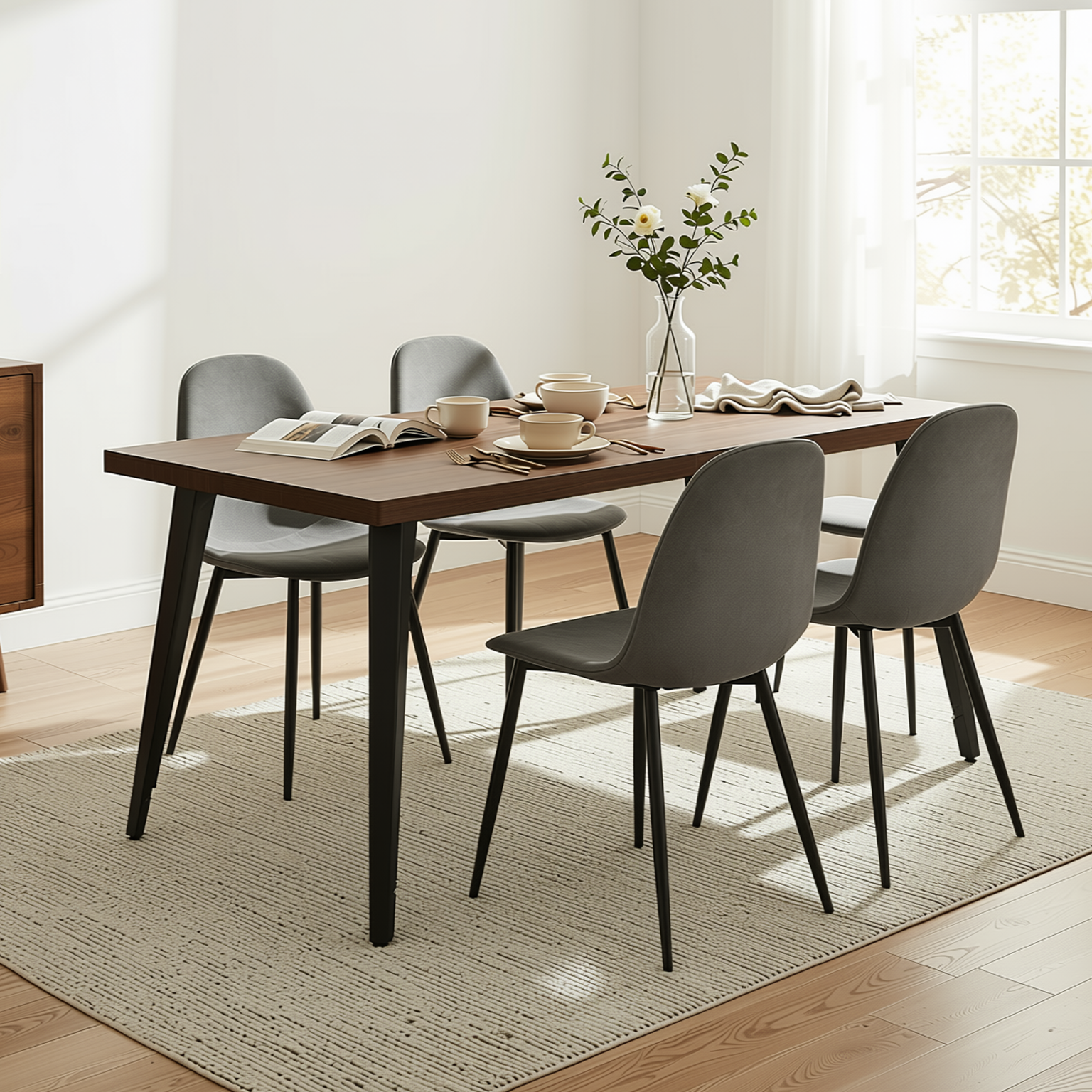 Homy Casa STAN+CHARLTON 5PC Dining Set 63" Rectangular Dark Brown Table with 4 Charlton Grey Fabric Chairs