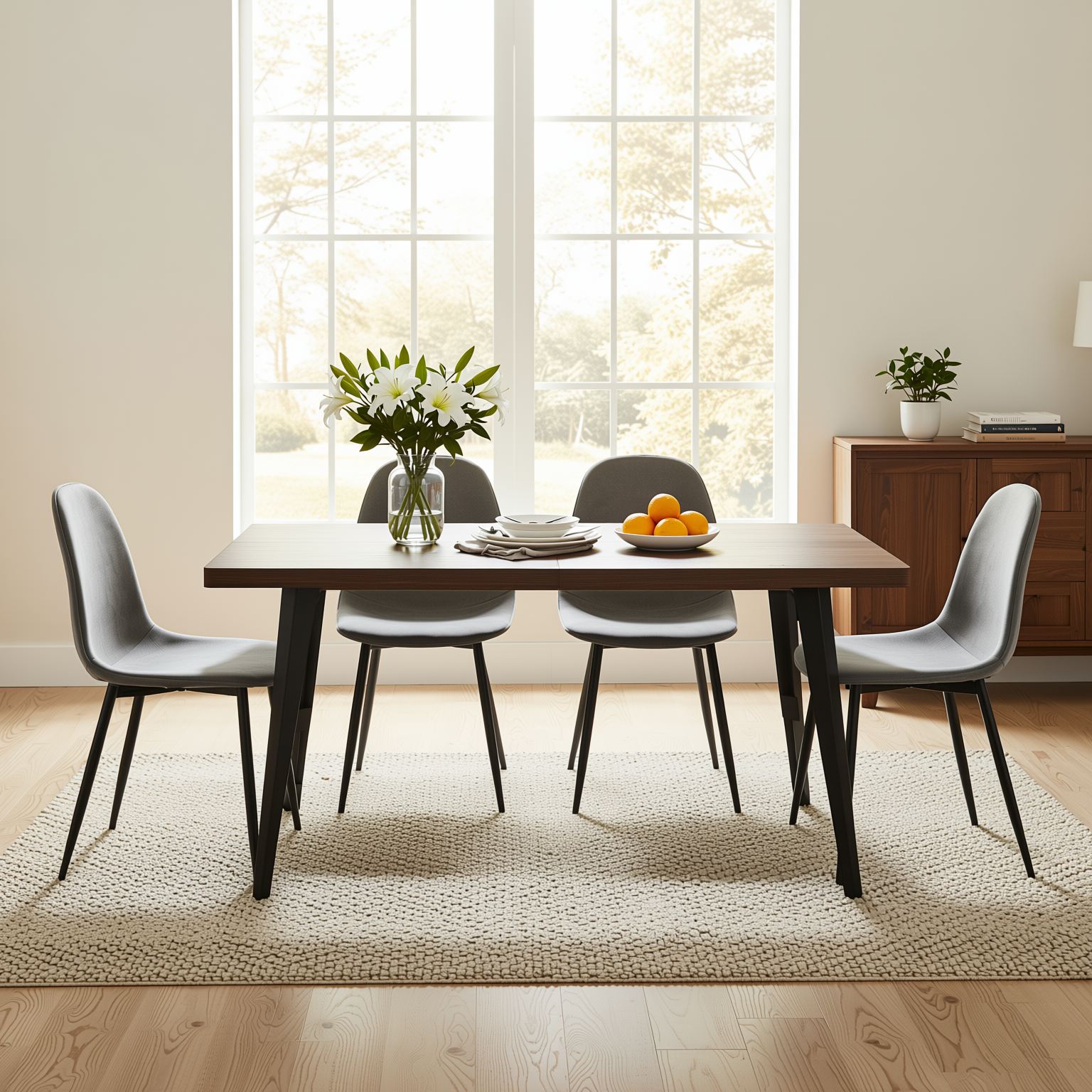 Homy Casa STAN+CHARLTON 5PC Dining Set 63" Rectangular Dark Brown Table with 4 Charlton Grey Fabric Chairs