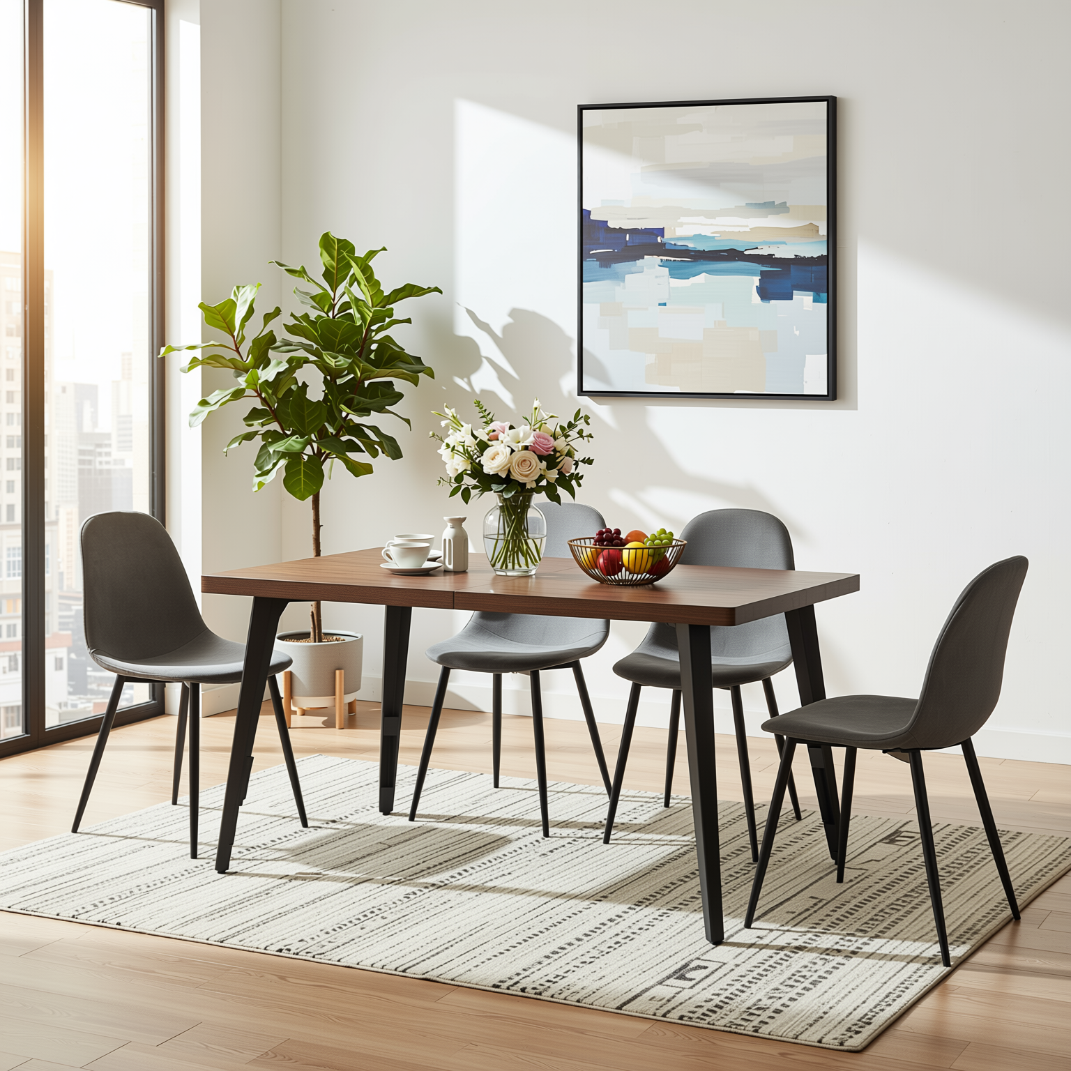 Homy Casa STAN+CHARLTON 5PC Dining Set 63" Rectangular Dark Brown Table with 4 Charlton Grey Fabric Chairs