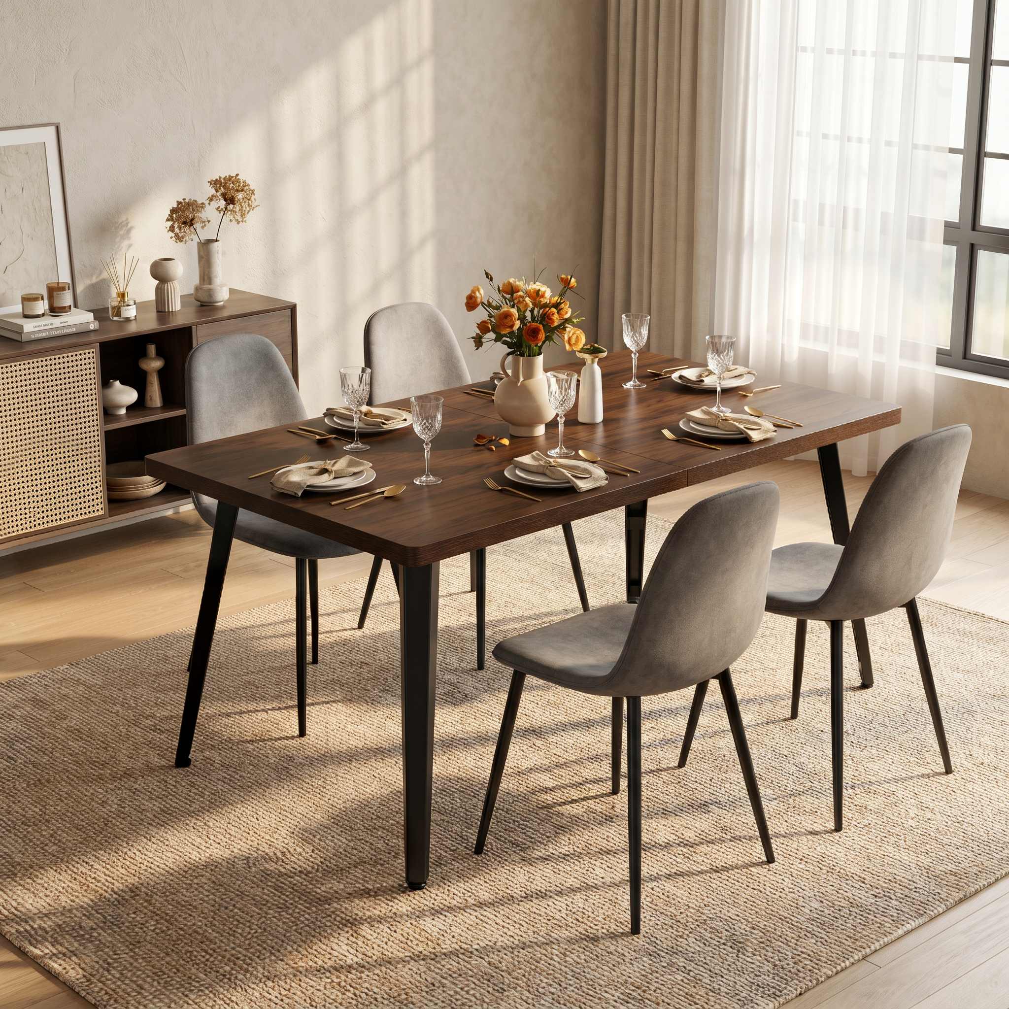 Homy Casa STAN+CHARLTON 5PC Dining Set 63" Rectangular Dark Brown Table with 4 Charlton Grey Fabric Chairs