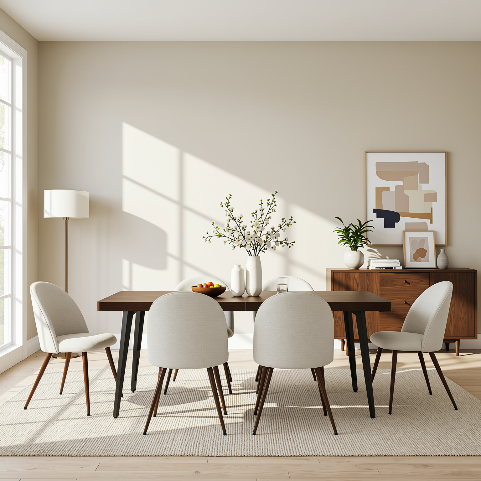 Homy Casa STAN+HAVEN 7PC Dining Set 63” Vintage Brown Table with 6 Haven Beige Fabric Chairs Walnut Legs
