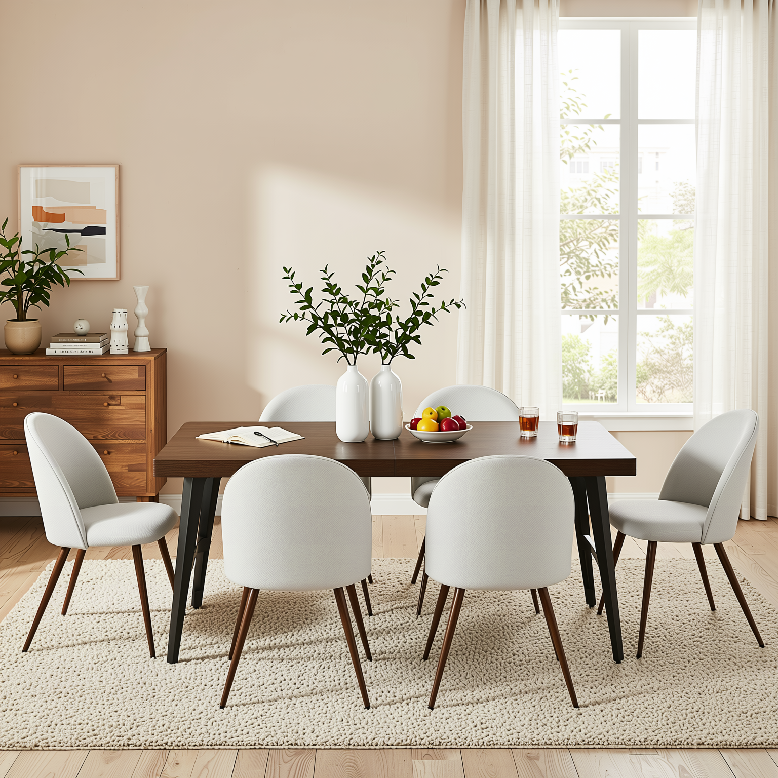 Homy Casa STAN+HAVEN 7PC Dining Set 63" Rectangular Dark Brown Table with 6 Haven Beige Fabric Chairs