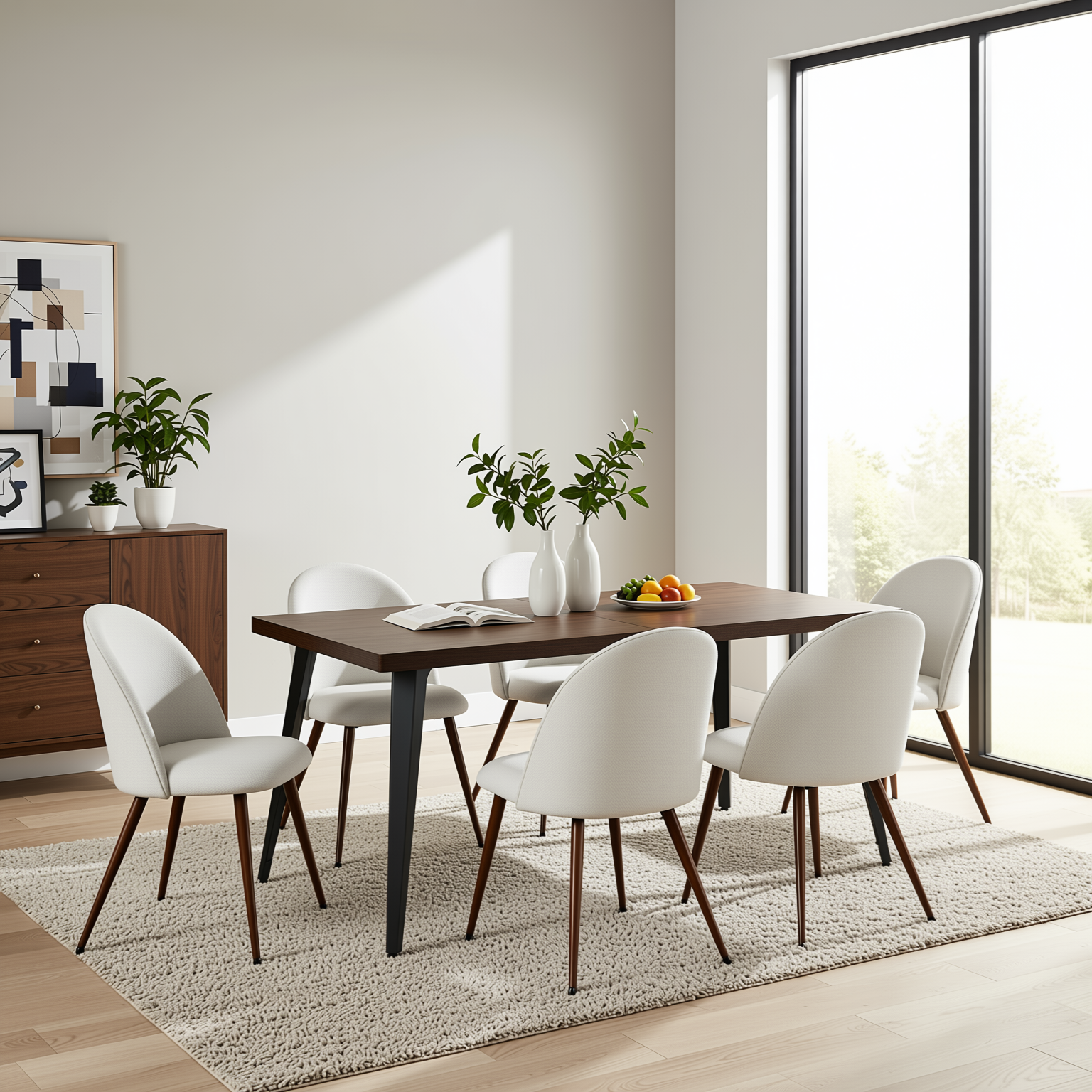 Homy Casa STAN+HAVEN 7PC Dining Set 63" Rectangular Dark Brown Table with 6 Haven Beige Fabric Chairs