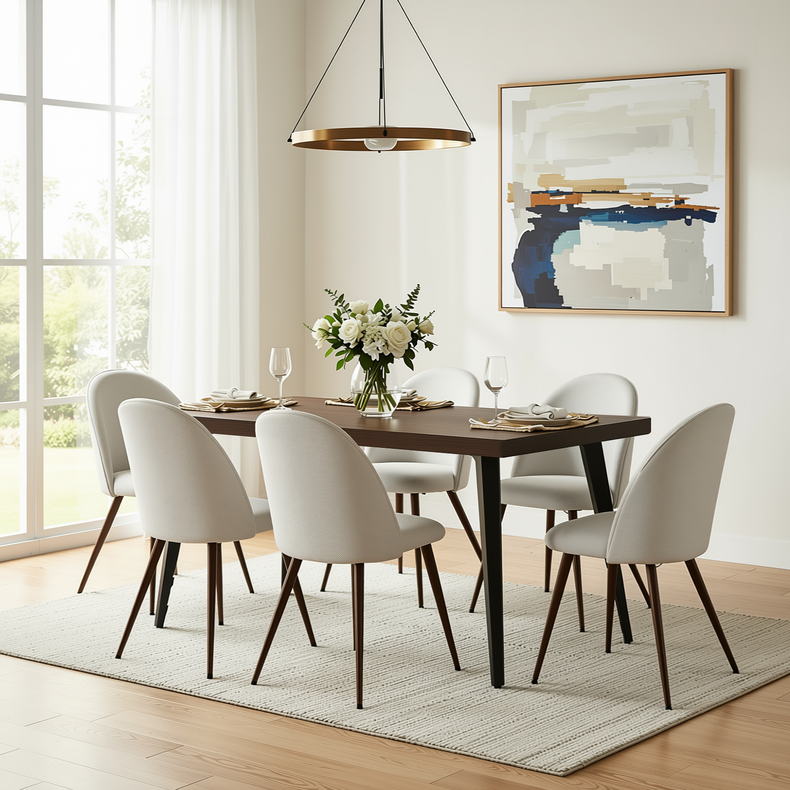 Homy Casa STAN+HAVEN 7PC Dining Set 63" Rectangular Dark Brown Table with 6 Haven Beige Fabric Chairs