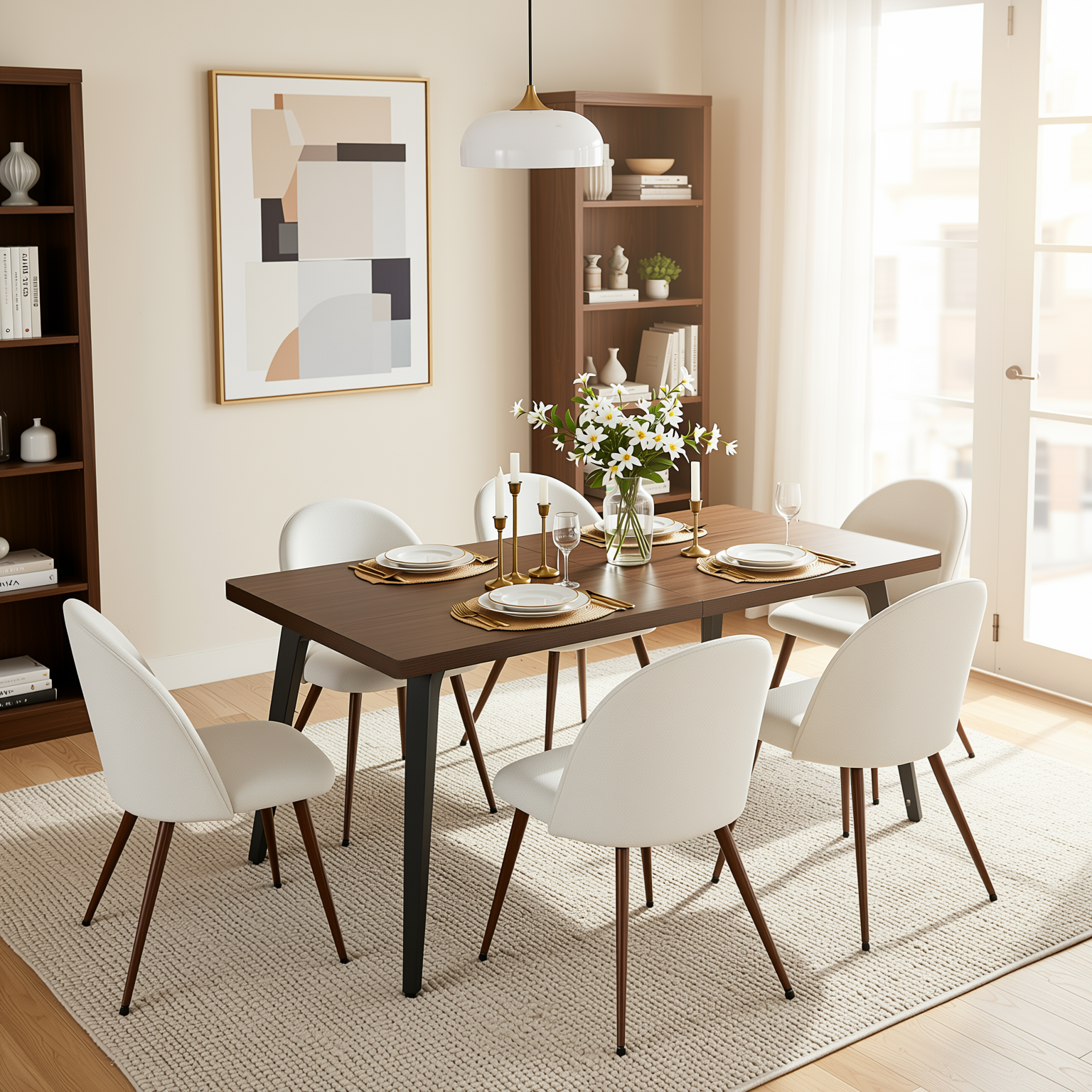 Homy Casa STAN+HAVEN 7PC Dining Set 63" Rectangular Dark Brown Table with 6 Haven Beige Fabric Chairs