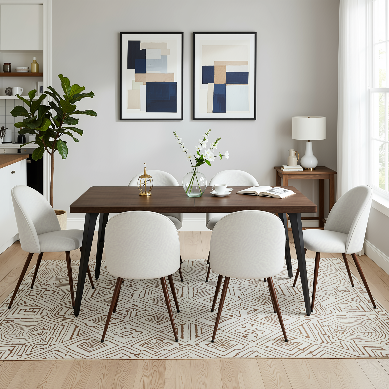 Homy Casa STAN+HAVEN 7PC Dining Set 63" Rectangular Dark Brown Table with 6 Haven Beige Fabric Chairs