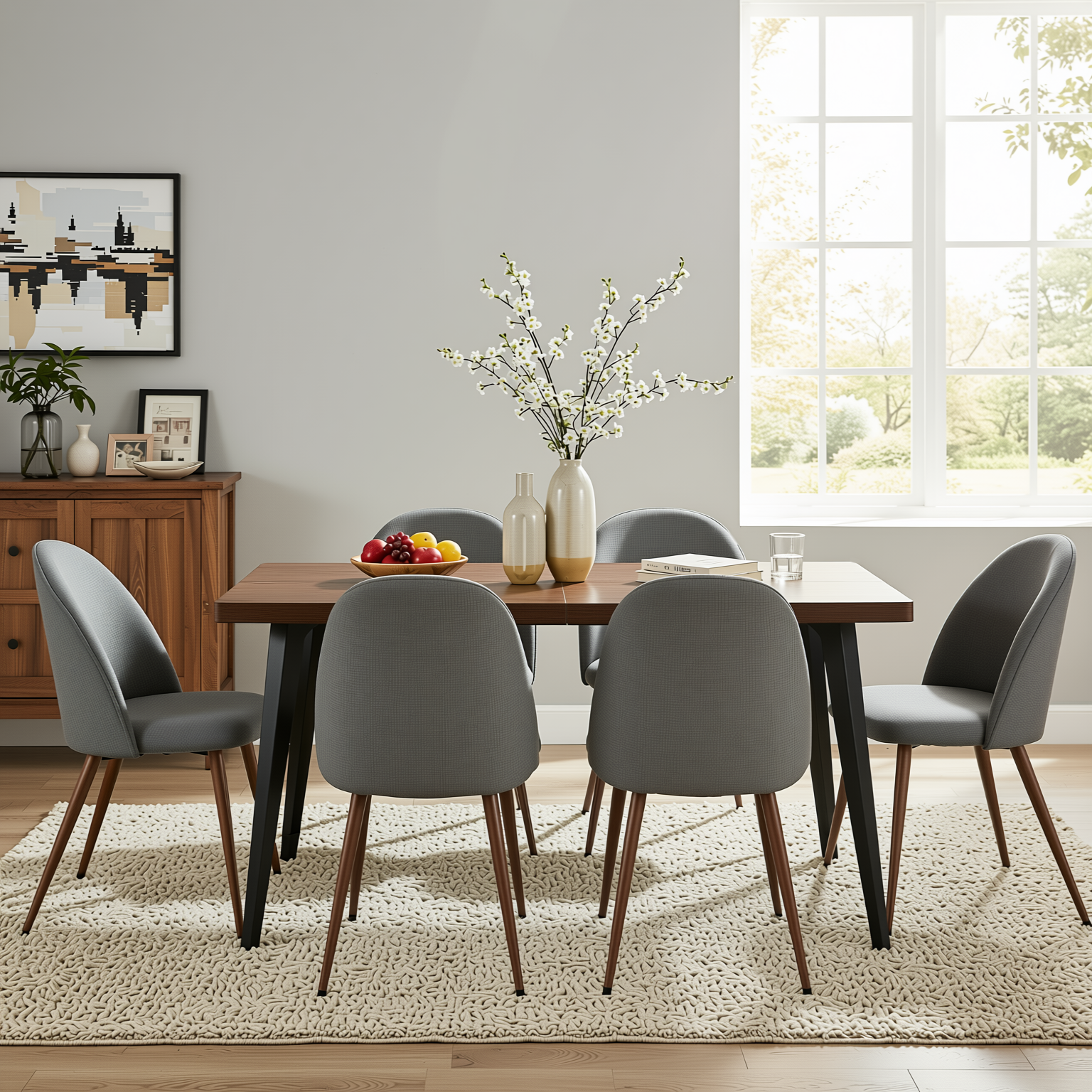 Homy Casa STAN+HAVEN 7PC Dining Set 63" Rectangular Dark Brown Table with 6 Haven Grey Fabric Chairs