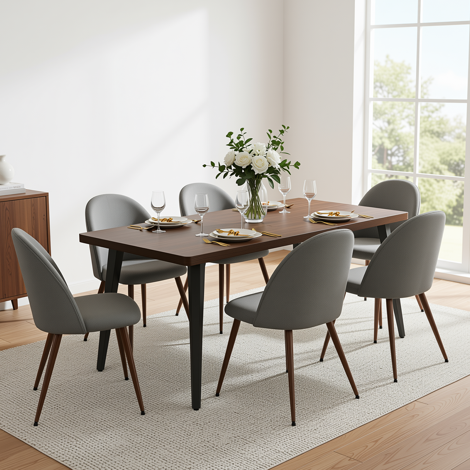 Homy Casa STAN+HAVEN 7PC Dining Set 63" Rectangular Dark Brown Table with 6 Haven Grey Fabric Chairs