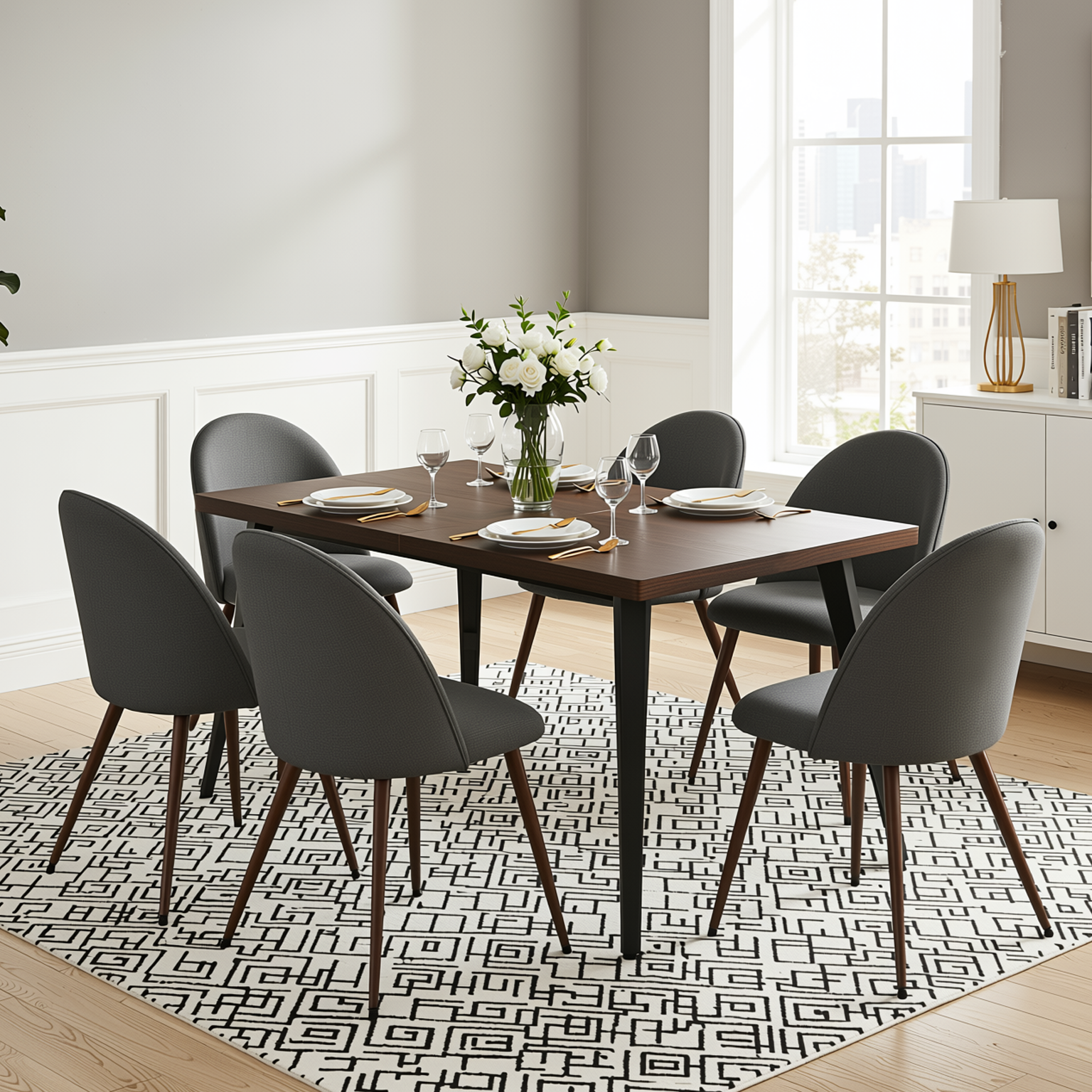 Homy Casa STAN+HAVEN 7PC Dining Set 63” Vintage Brown Table with 6 Haven Grey Fabric Chairs Walnut Finish