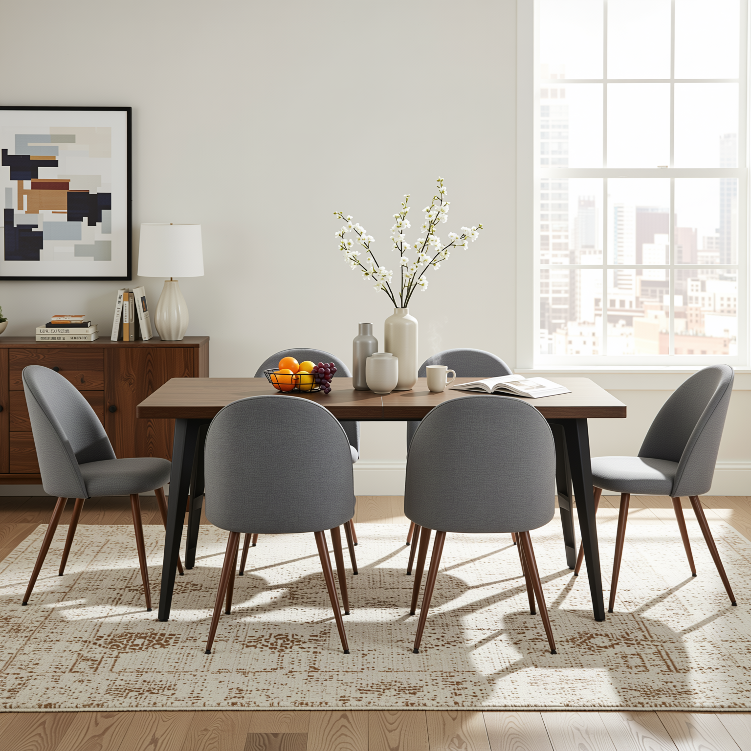 Homy Casa STAN+HAVEN 7PC Dining Set 63" Rectangular Dark Brown Table with 6 Haven Grey Fabric Chairs