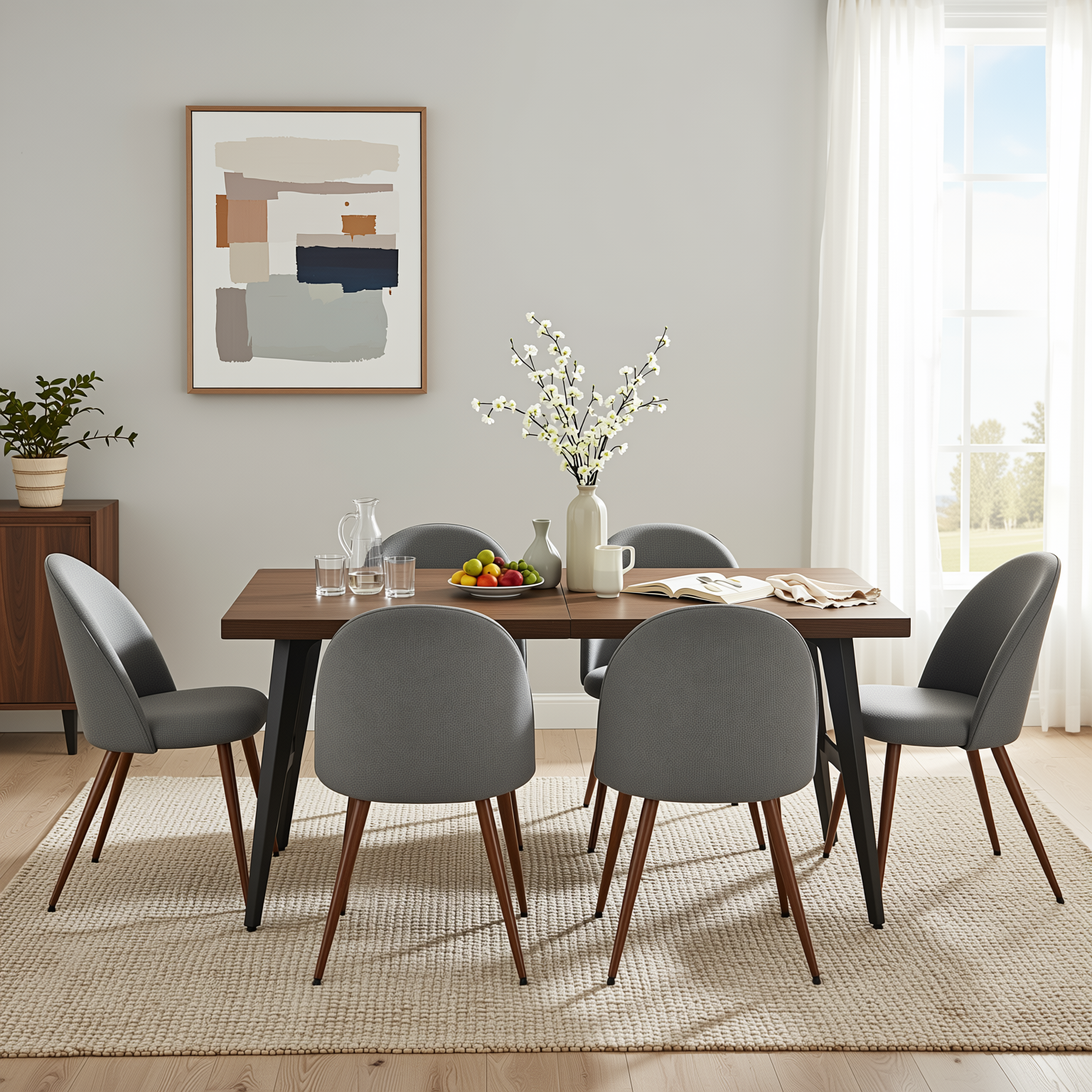 Homy Casa STAN+HAVEN 7PC Dining Set 63" Rectangular Dark Brown Table with 6 Haven Grey Fabric Chairs