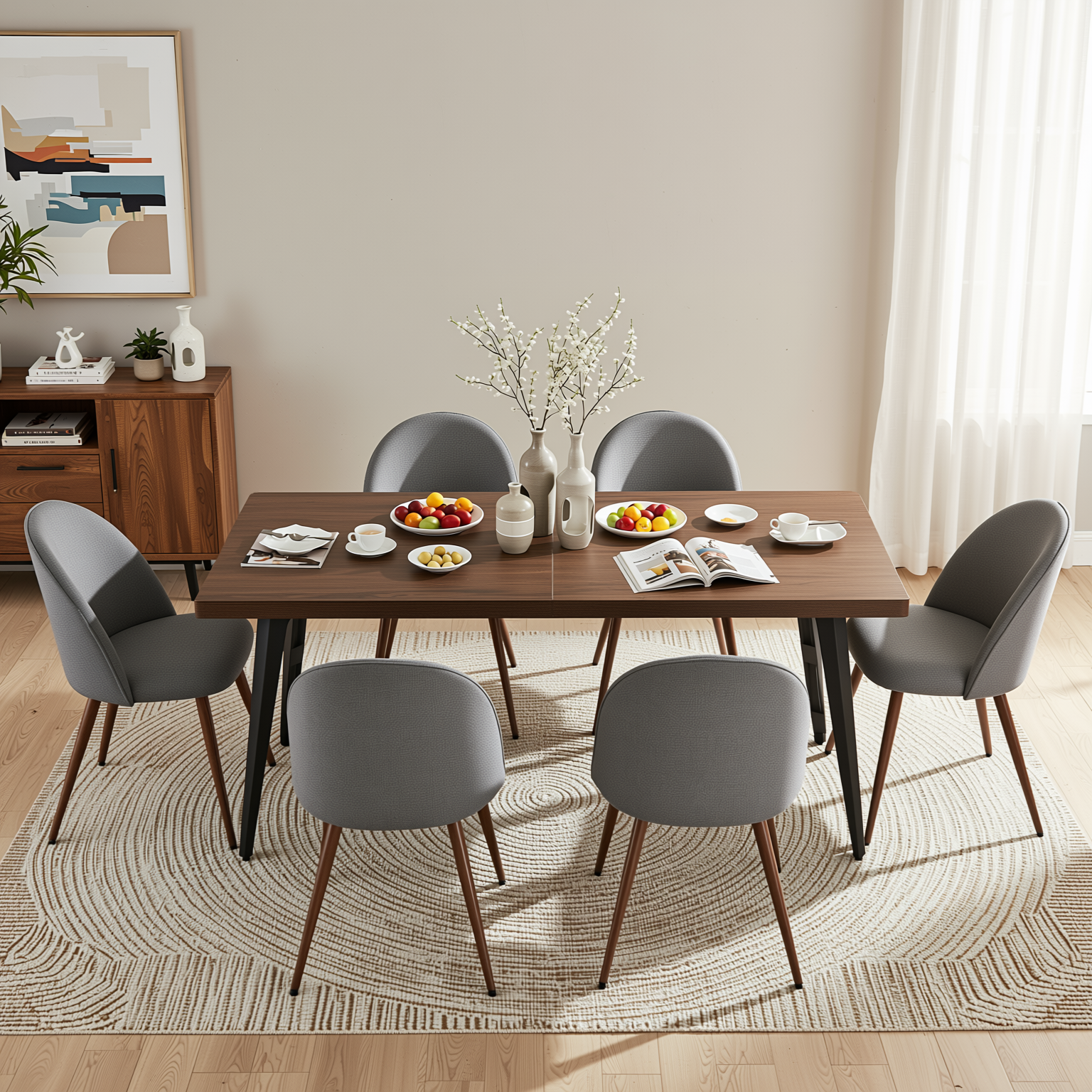 Homy Casa STAN+HAVEN 7PC Dining Set 63” Vintage Brown Table with 6 Haven Grey Fabric Chairs Walnut Finish