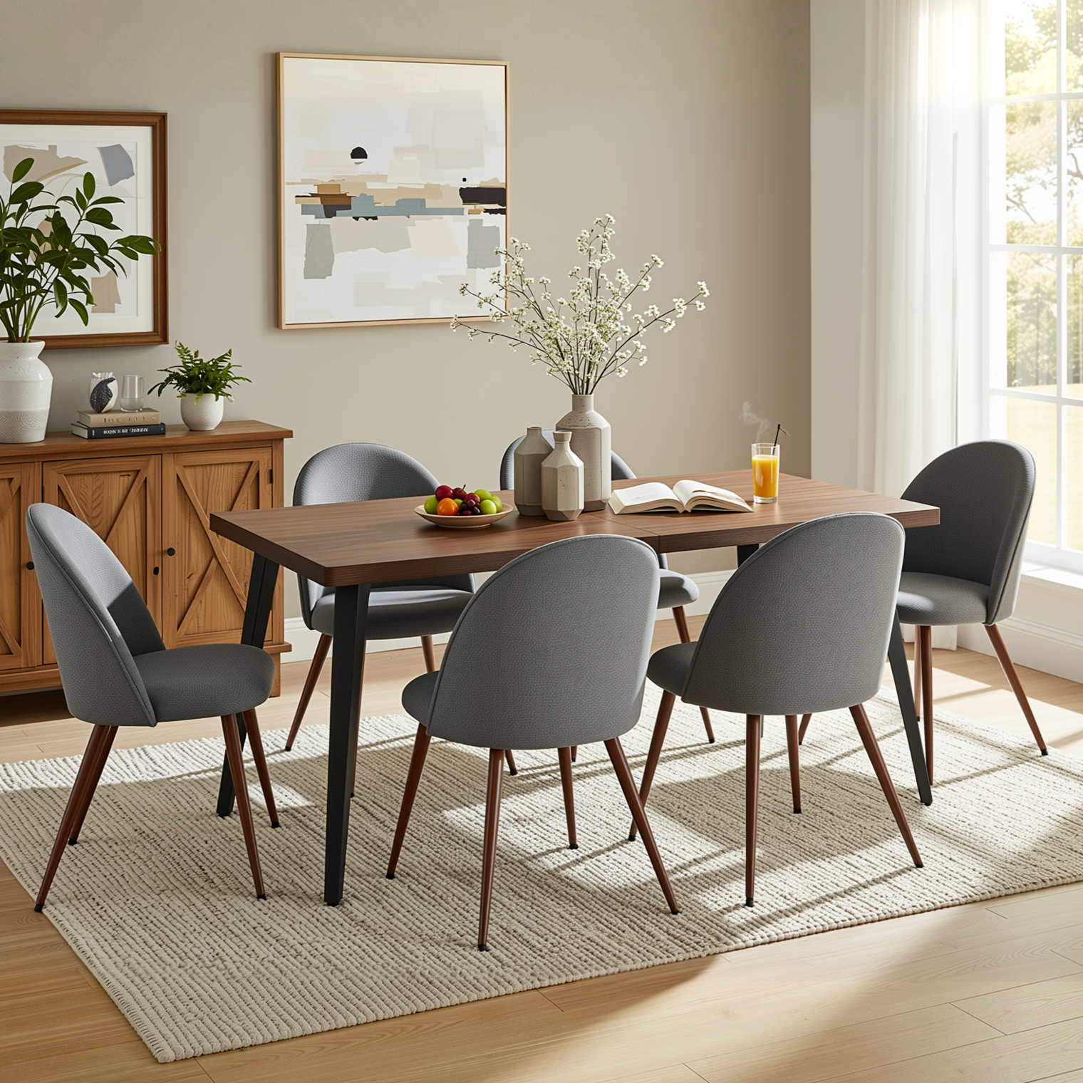 Homy Casa STAN+HAVEN 7PC Dining Set 63" Rectangular Dark Brown Table with 6 Haven Grey Fabric Chairs