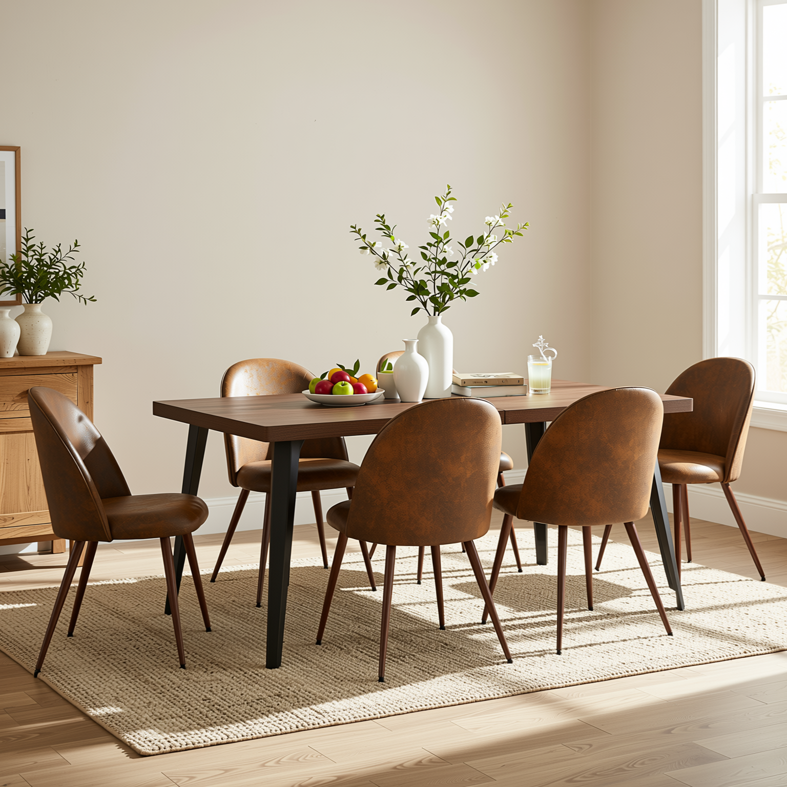 Homy Casa STAN+HAVEN 7PC Dining Set 63” Vintage Brown Table with 6 Haven Suede Brown Chairs Walnut Legs