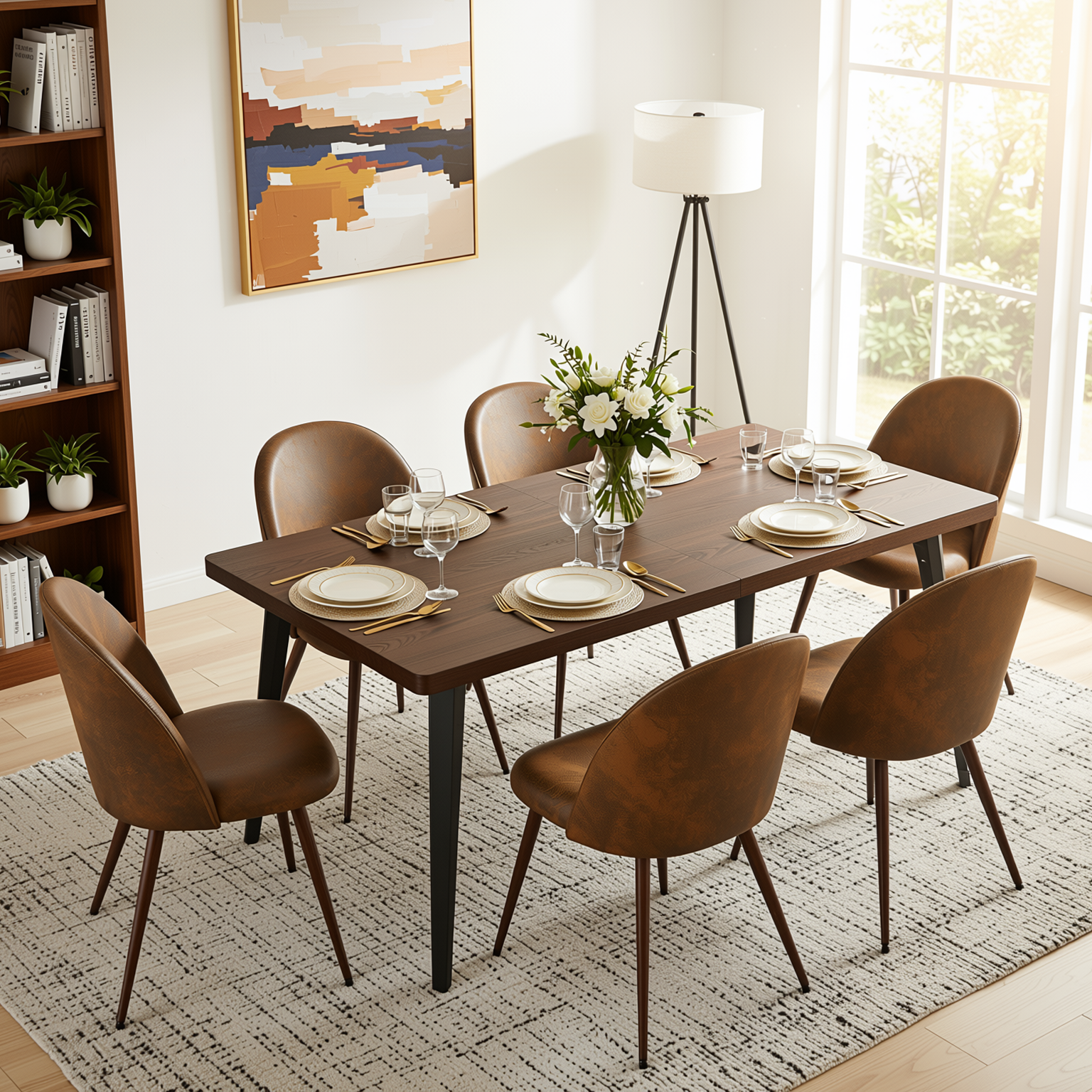 Homy Casa STAN+HAVEN 7PC Dining Set 63” Vintage Brown Table with 6 Haven Suede Brown Chairs Walnut Legs