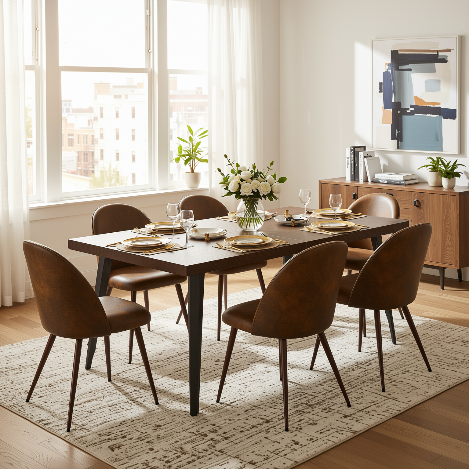 Homy Casa STAN+HAVEN 7PC Dining Set 63” Vintage Brown Table with 6 Haven Suede Brown Chairs Walnut Legs