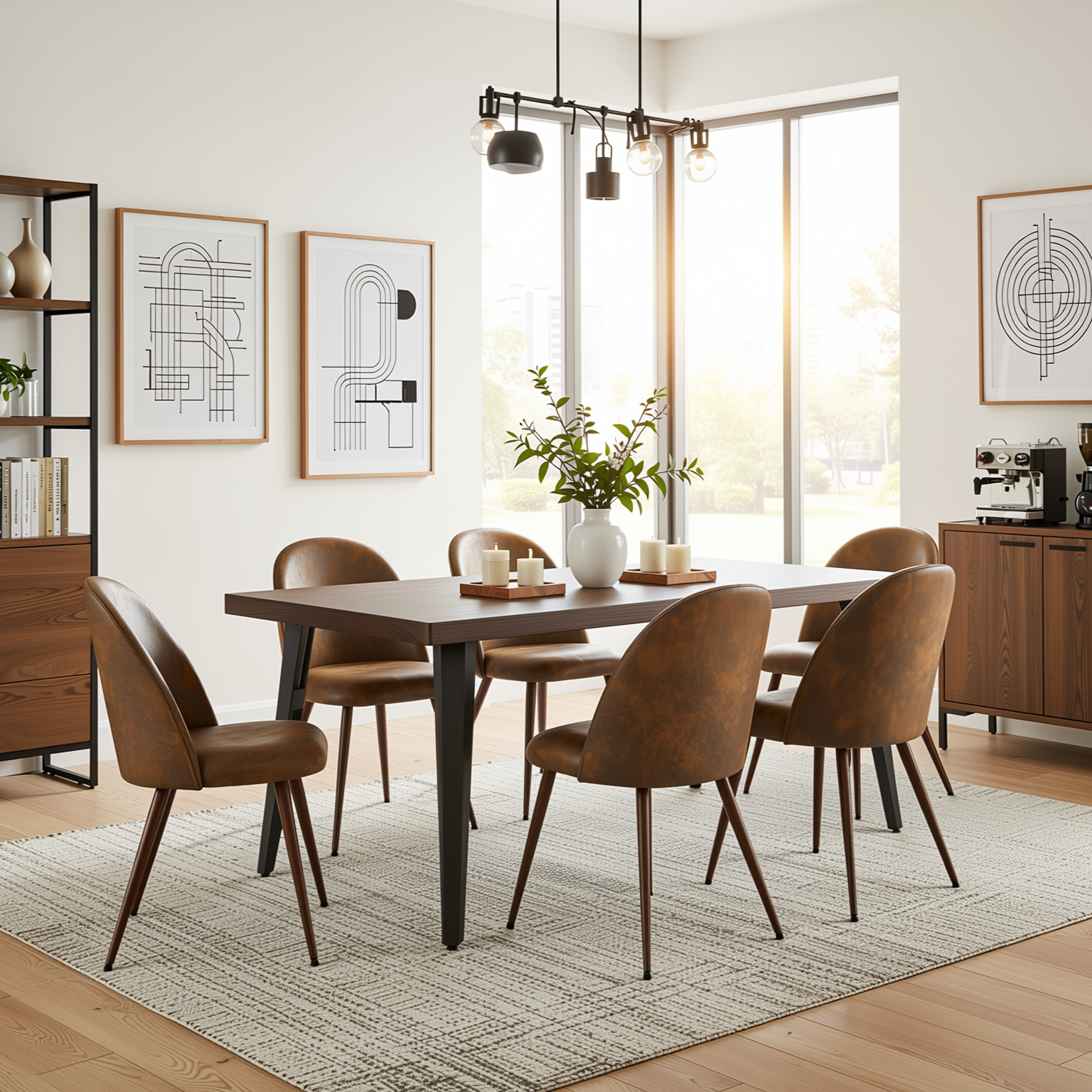 Homy Casa STAN+HAVEN 7PC Dining Set 63” Vintage Brown Table with 6 Haven Suede Brown Chairs Walnut Legs
