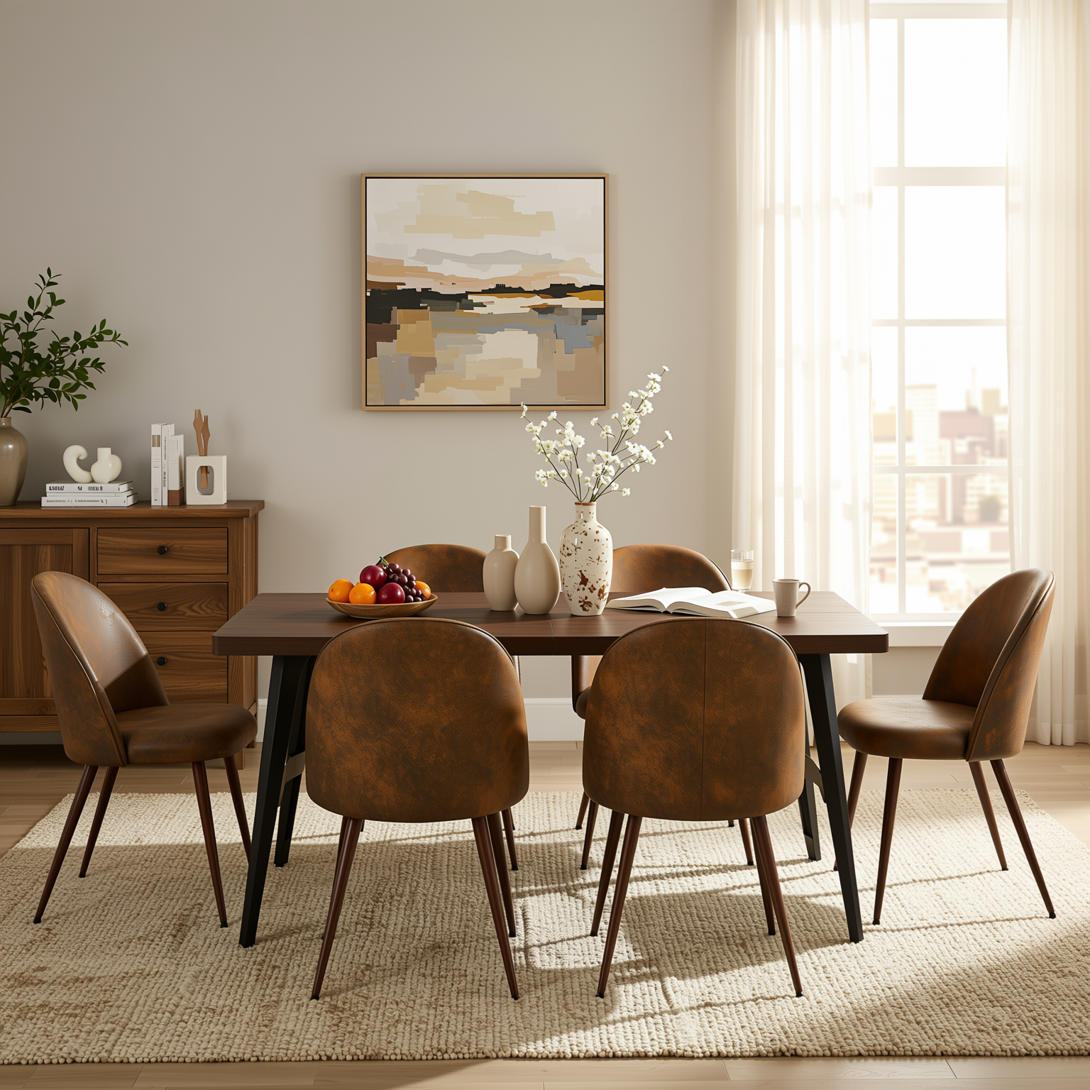 Homy Casa STAN+HAVEN 7PC Dining Set 63” Vintage Brown Table with 6 Haven Suede Brown Chairs Walnut Legs