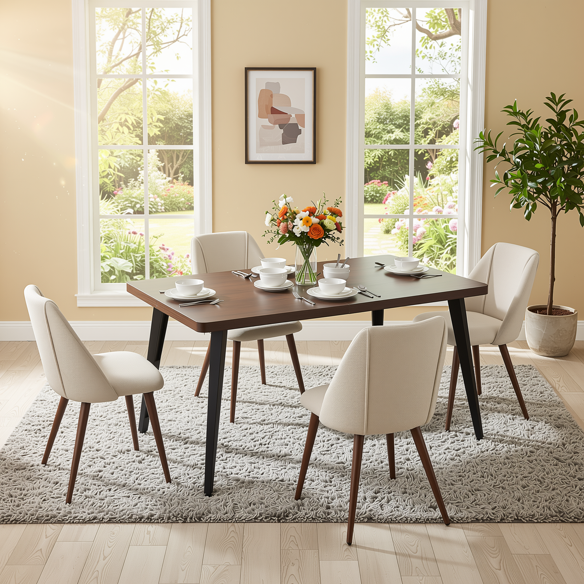 Homy Casa STAN+KALI 5PC Dining Set 63” Dark Brown Table with 4 Beige Fabric Chairs for Kitchen & Dining Room