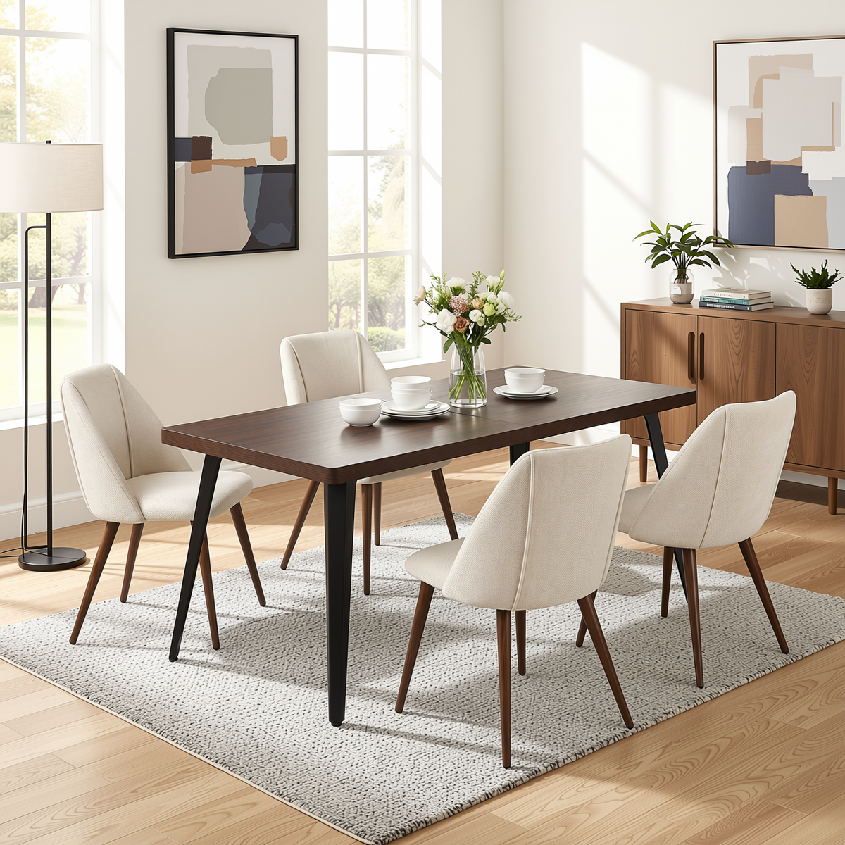 Homy Casa STAN+KALI 5PC Dining Set 63” Dark Brown Table with 4 Beige Fabric Chairs for Kitchen & Dining Room