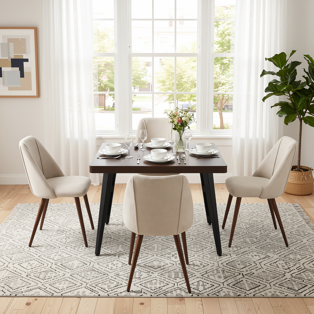 Homy Casa STAN+KALI 5PC Dining Set 63” Dark Brown Table with 4 Beige Fabric Chairs for Kitchen & Dining Room