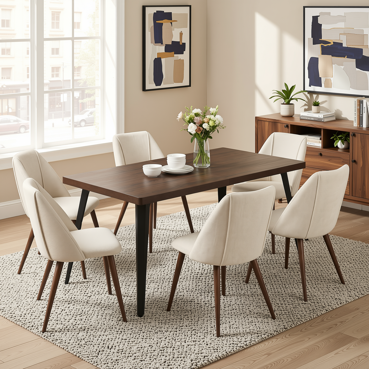 Homy Casa STAN+KALI 7PC Dining Set 63" Table with 6 Beige Fabric Chairs in Dark Brown Walnut Finish