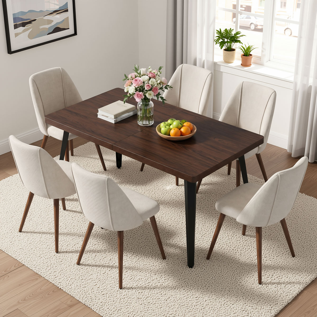 Homy Casa STAN+KALI 7PC Dining Set 63" Table with 6 Beige Fabric Chairs in Dark Brown Walnut Finish