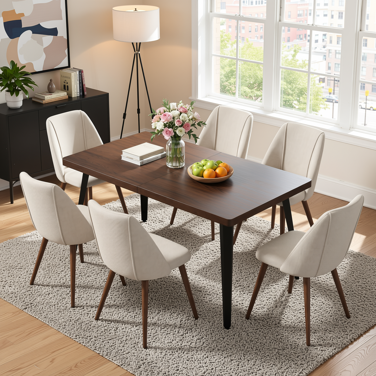 Homy Casa STAN+KALI 7PC Dining Set 63" Table with 6 Beige Fabric Chairs in Dark Brown Walnut Finish