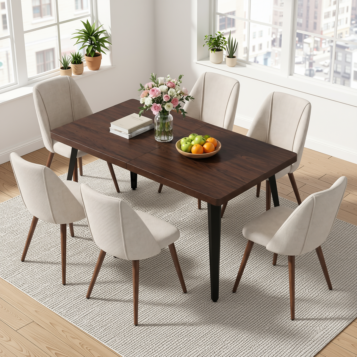 Homy Casa STAN+KALI 7PC Dining Set 63" Table with 6 Beige Fabric Chairs in Dark Brown Walnut Finish