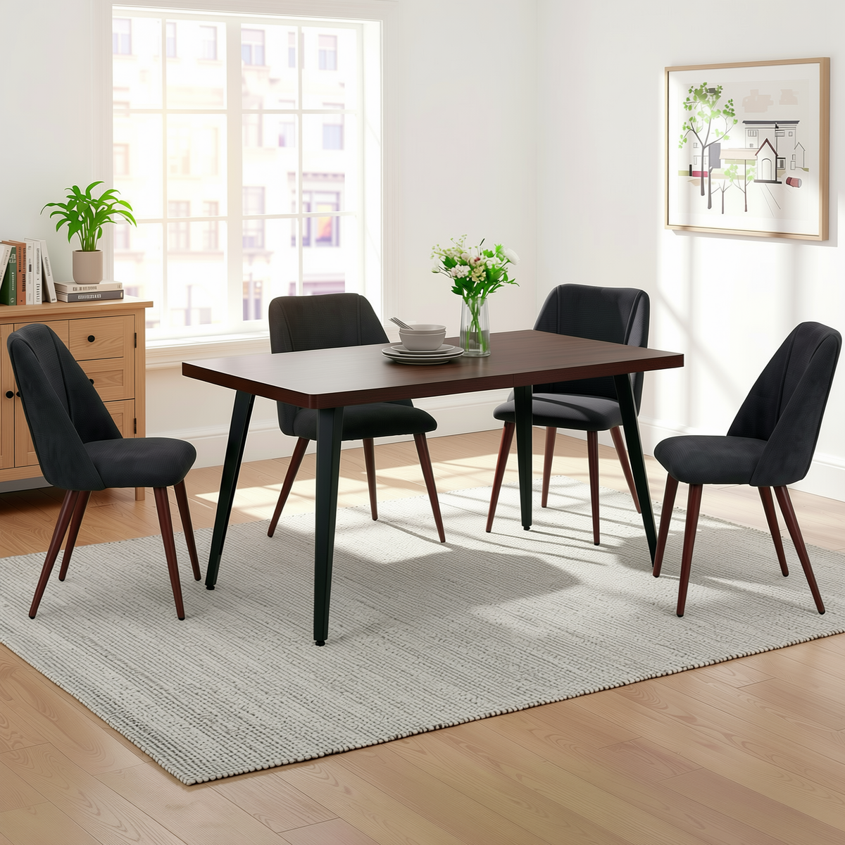 Homy Casa STAN+KALI 5PC Dining Set 63" Vintage Brown Table with 4 Charcoal Fabric Chairs Walnut Metal Legs