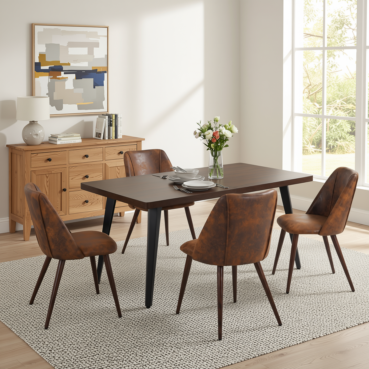 Homy Casa STAN+KALI 5PC Dining Set 63” Dark Brown Table with 4 Kali Brown Suede Chairs Walnut Legs