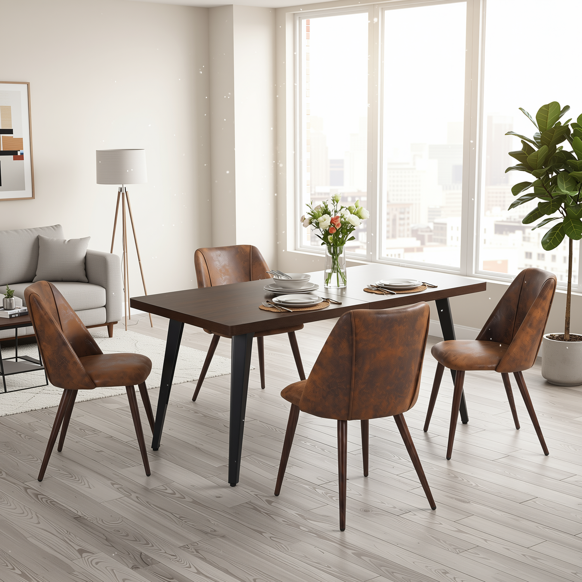 Homy Casa STAN+KALI 5PC Dining Set 63” Dark Brown Table with 4 Kali Brown Suede Chairs Walnut Legs