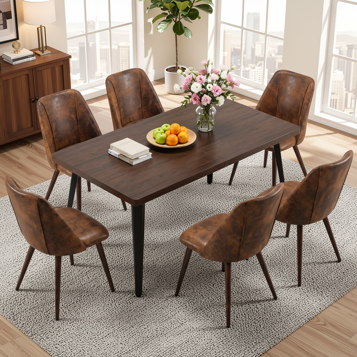 Homy Casa STAN+KALI 7PC Dining Set 63” Dark Brown Table with 6 Kali Suede Brown Chairs Walnut Metal Legs