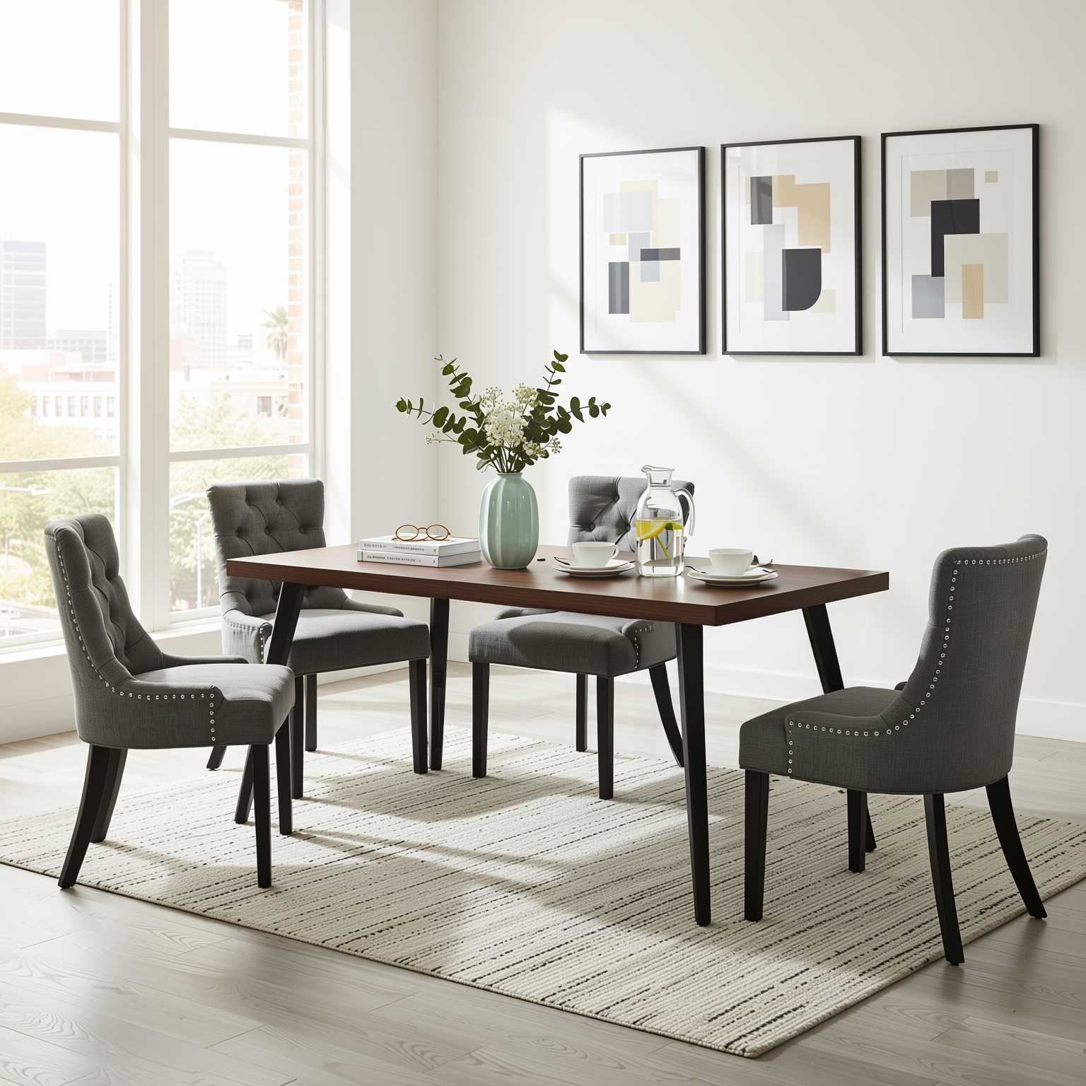 Homy Casa STAN+NUTTON 5PC Dining Set 63" Rectangular Table with 4 Upholstered Ebony Charcoal Chairs in Dark Brown Wood Finish
