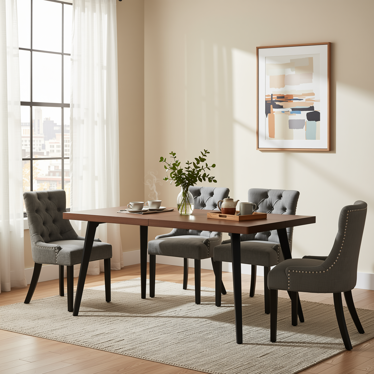 Homy Casa STAN+NUTTON 5PC Dining Set 63" Rectangular Table with 4 Upholstered Ebony Charcoal Chairs in Dark Brown Wood Finish