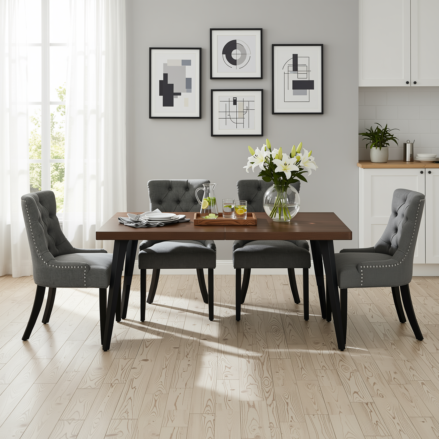 Homy Casa STAN+NUTTON 5PC Dining Set 63" Rectangular Table with 4 Upholstered Ebony Charcoal Chairs in Dark Brown Wood Finish
