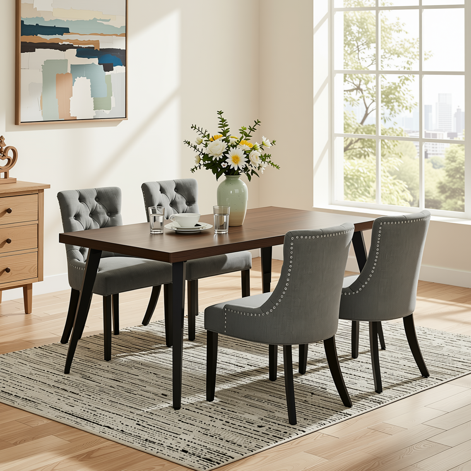 Homy Casa STAN+NUTTON 5PC Dining Set 63" Rectangular Table with 4 Upholstered Ebony Charcoal Chairs in Dark Brown Wood Finish