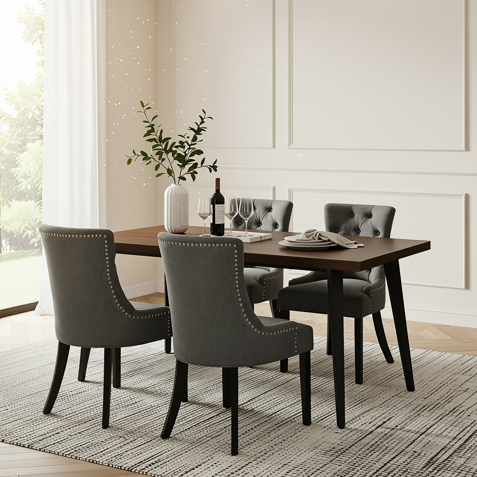 Homy Casa STAN+NUTTON 5PC Dining Set 63" Rectangular Table with 4 Upholstered Ebony Charcoal Chairs in Dark Brown Wood Finish