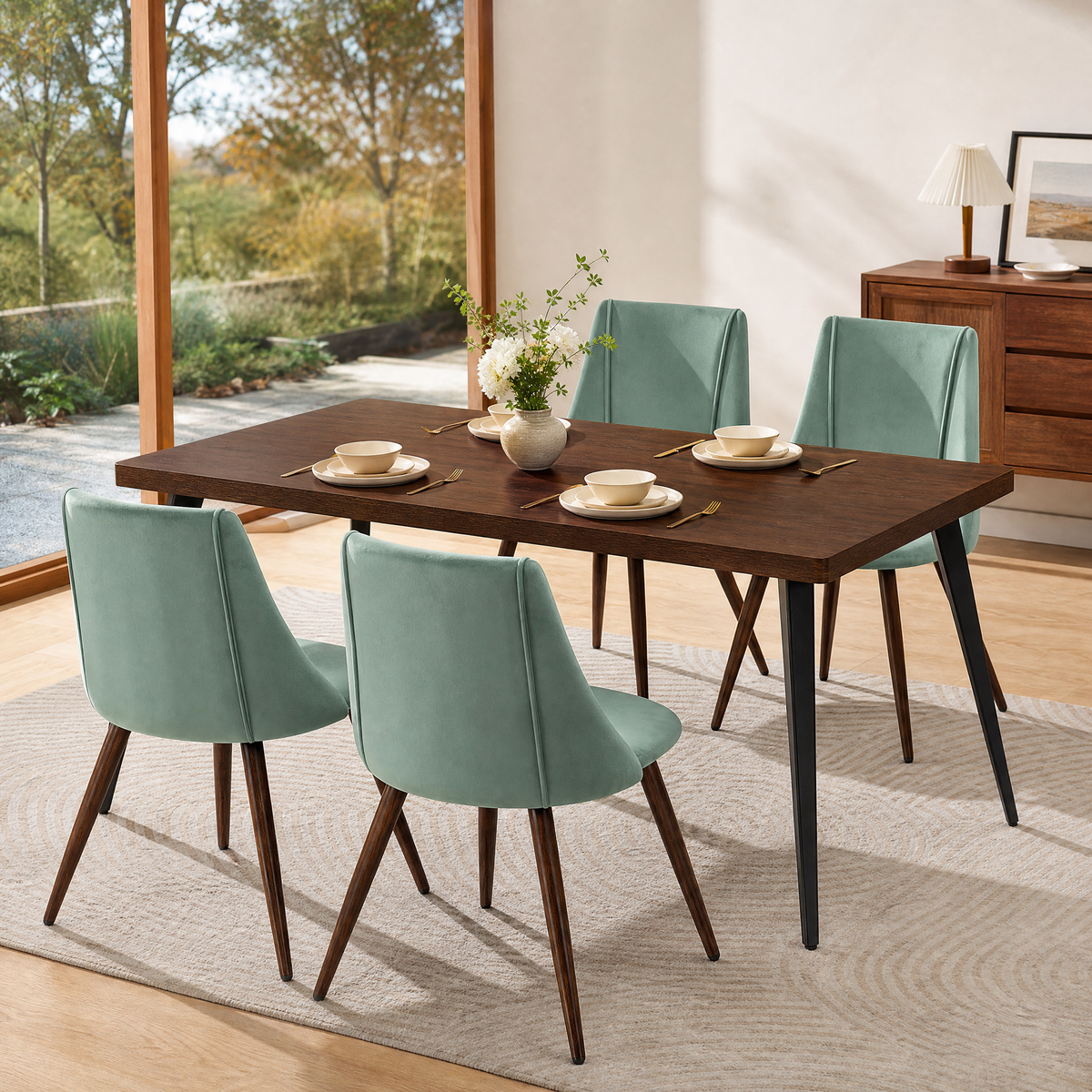 Homy Casa STAN+SMEG 5PC Dining Set 63” Dark Brown Table with 4 Smeg Velvet Cactus Chairs for Kitchen & Dining Room Open Box