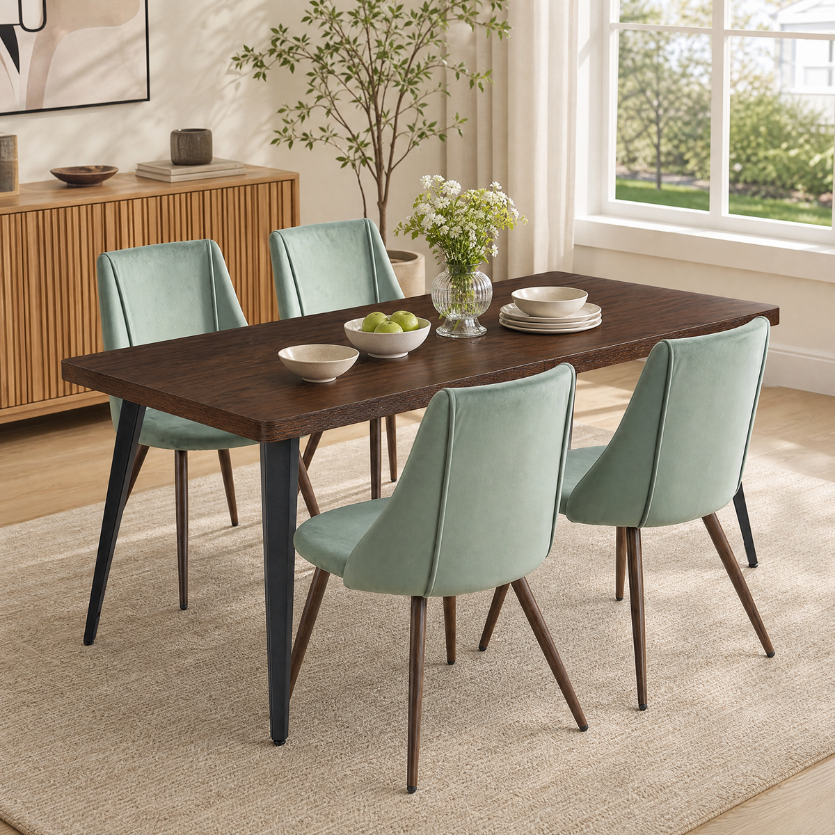 Homy Casa STAN+SMEG 5PC Dining Set 63” Dark Brown Table with 4 Smeg Velvet Cactus Chairs for Kitchen & Dining Room Open Box
