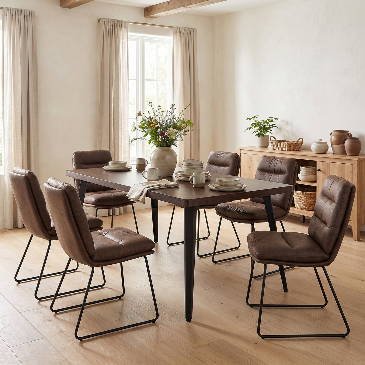 Homy Casa STAN+STEFFEN 7PC Dining Set 63” Dining Table with 6 Steffen Brown Upholstered Chairs in Dark Brown Open Box