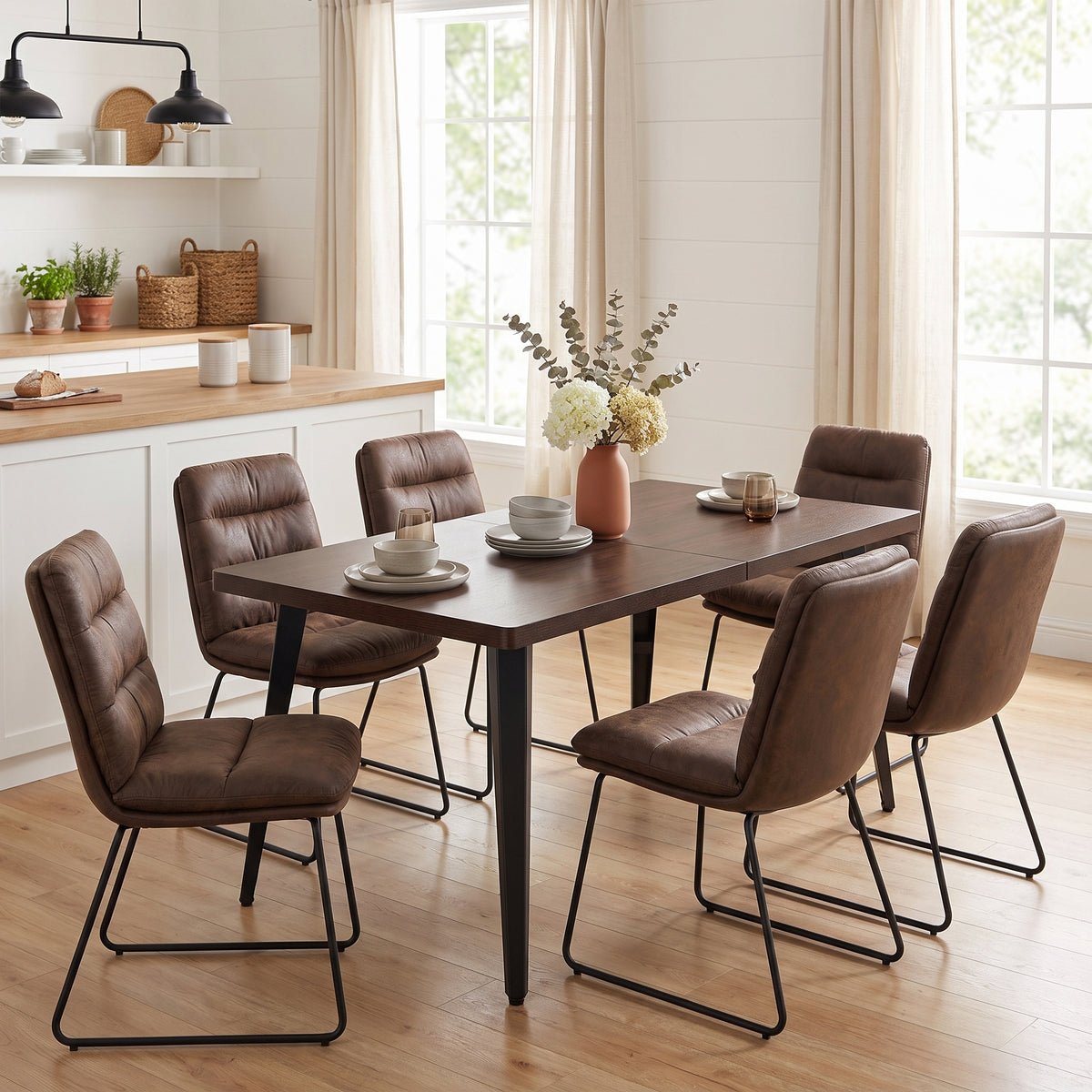 Homy Casa STAN+STEFFEN 7PC Dining Set 63” Dining Table with 6 Steffen Brown Upholstered Chairs in Dark Brown Open Box