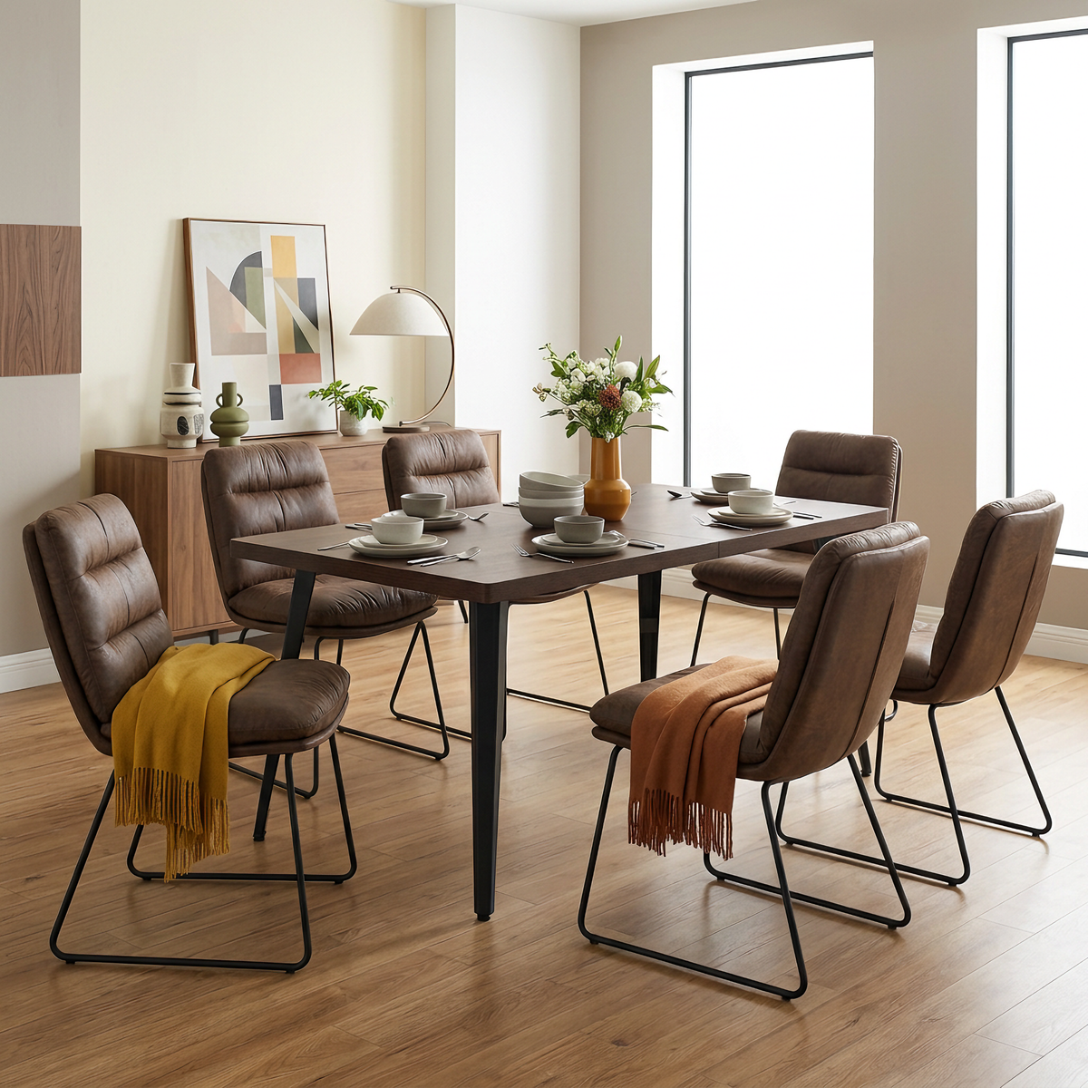 Homy Casa STAN+STEFFEN 7PC Dining Set 63” Dining Table with 6 Steffen Brown Upholstered Chairs in Dark Brown Open Box