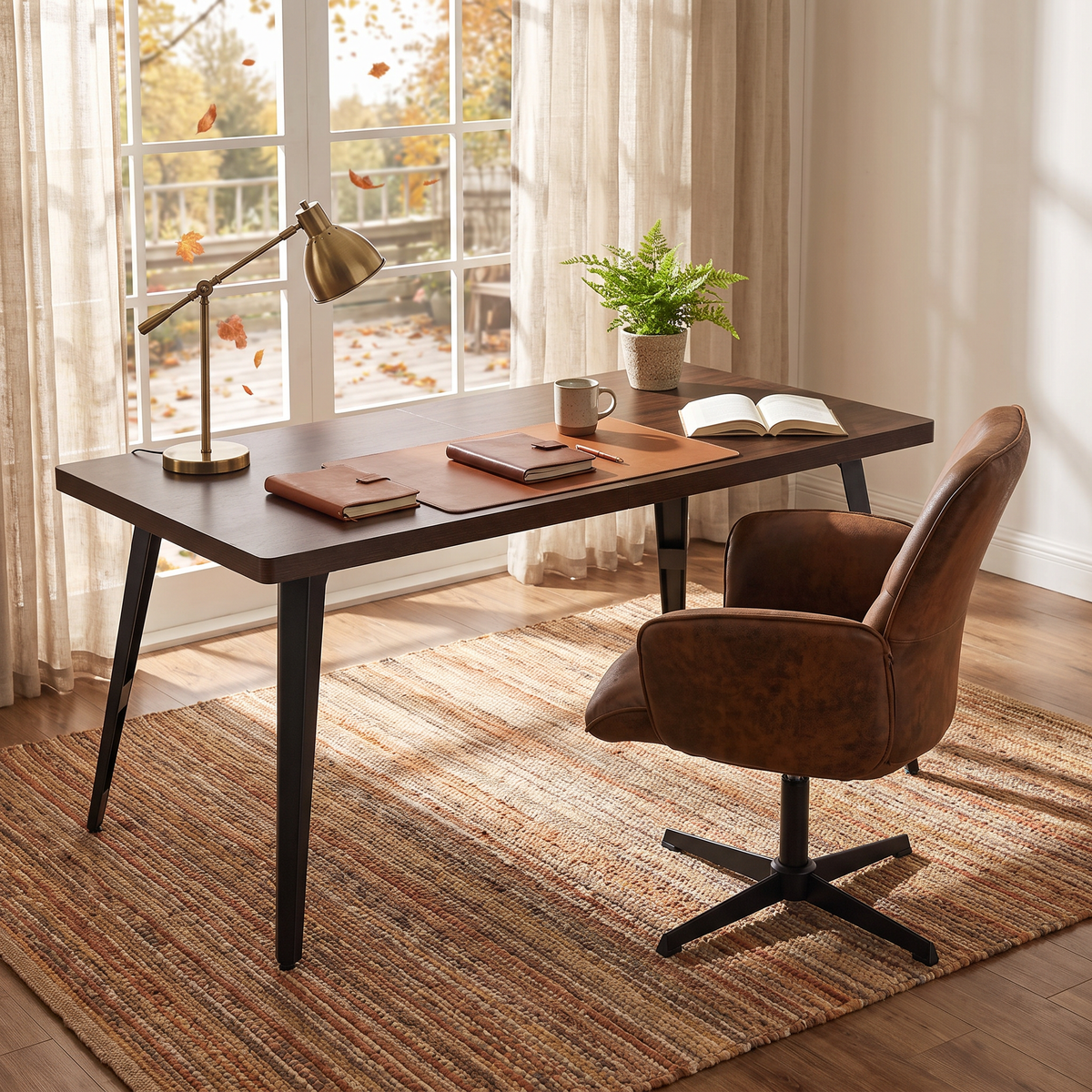 Homy Casa STAN+THOMASINA 2PC Home Office Set 62.9” Desk with Adjustable Swivel Armchair in Brown and Black Open Box