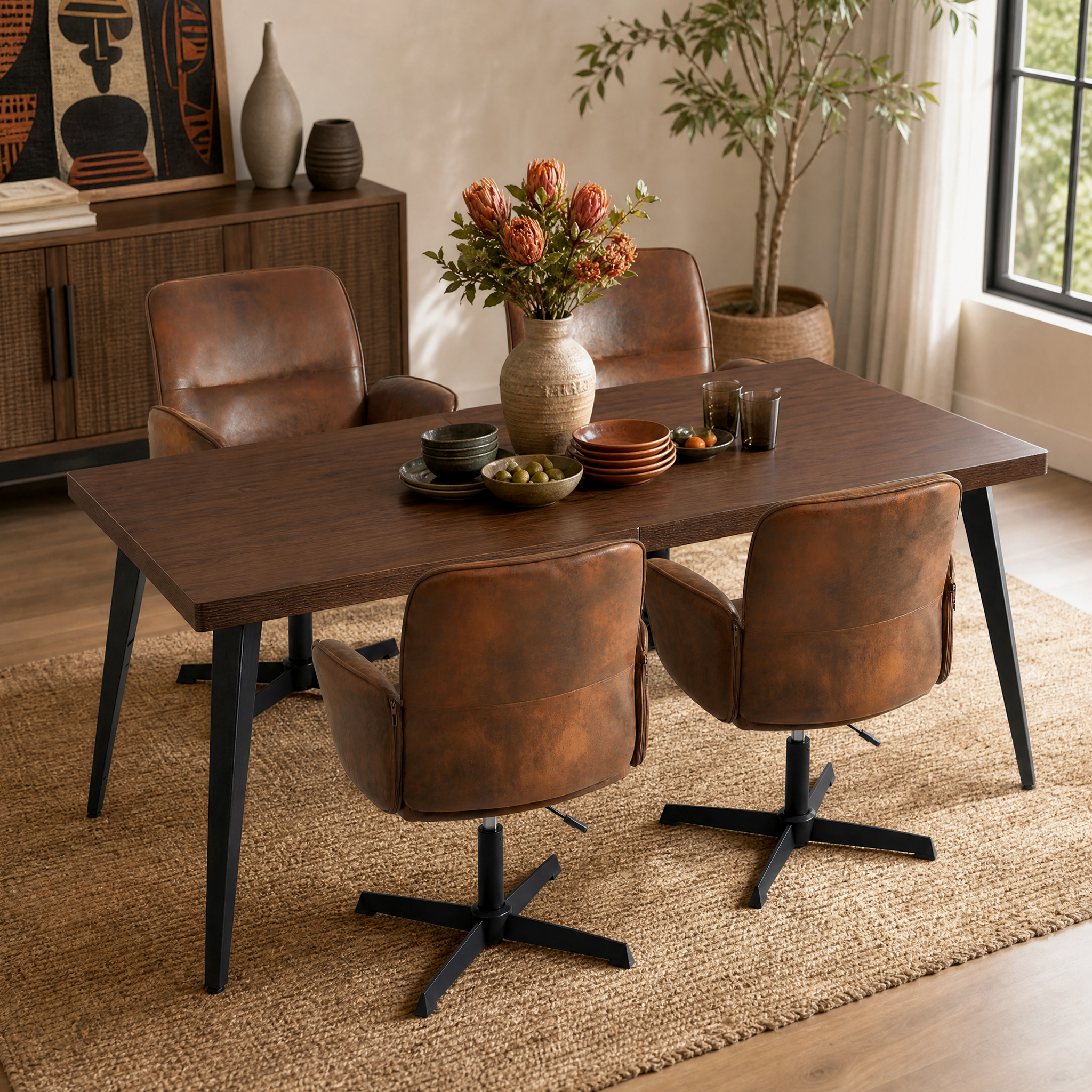 Homy Casa STAN+THOMASINA 5PC Dining Set 63" Brown Table with 4 Thomasina Swivel Dining Chairs in Dark Brown Open Box