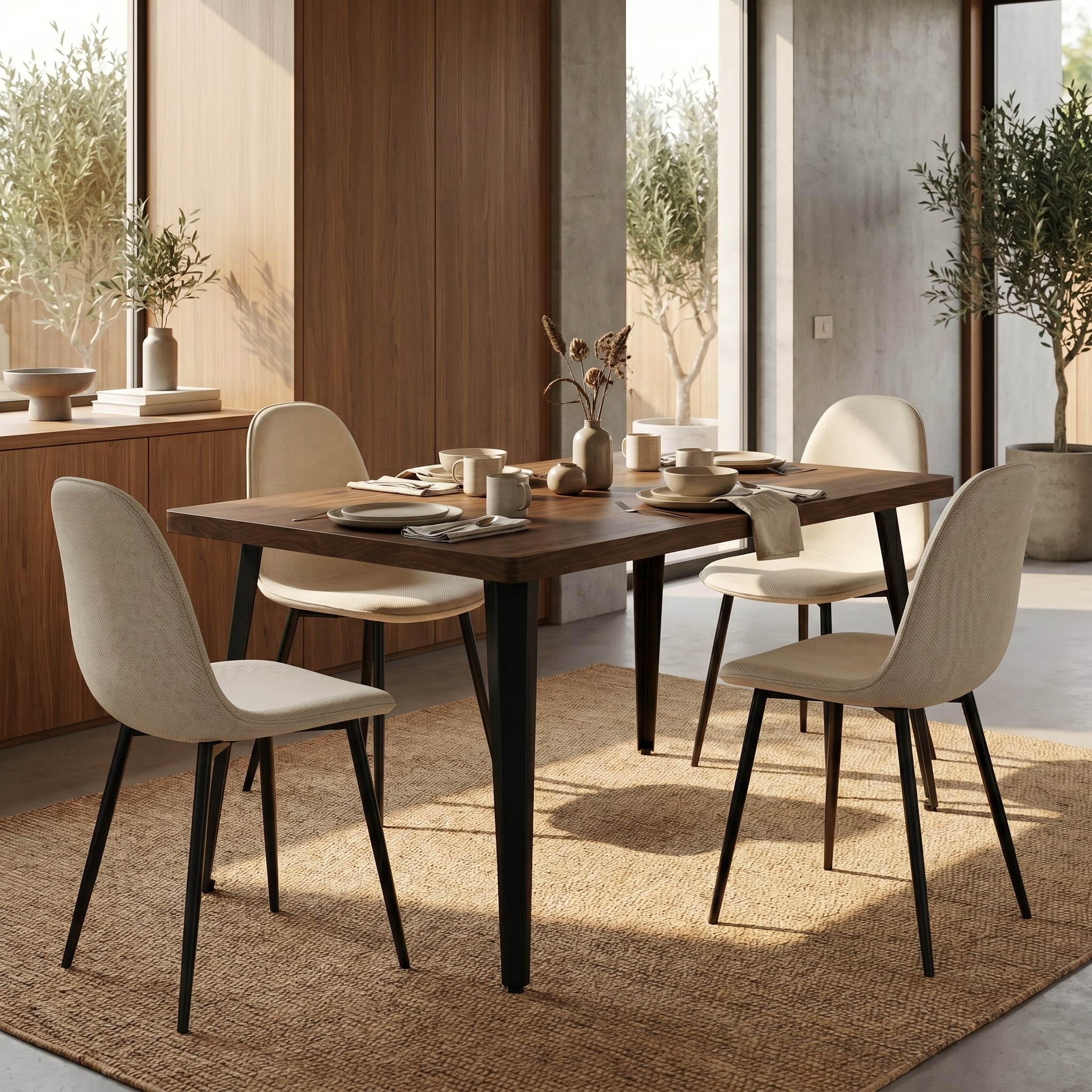 Homy Casa STAN+CHARLTON 5PC Dining Set 63” Dark Walnut Table with 4 Charlton Barrel Beige Fabric Chairs
