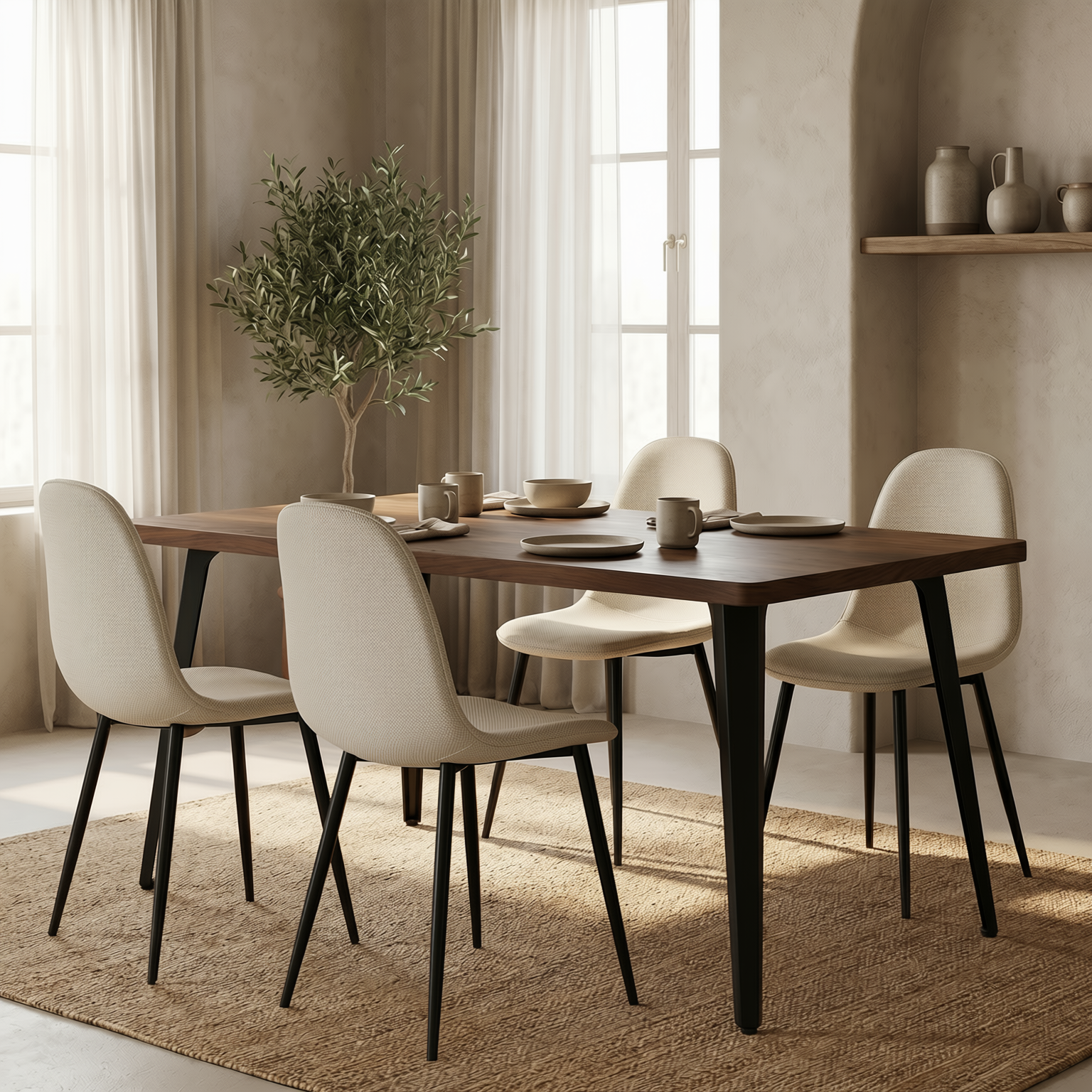 Homy Casa STAN+CHARLTON 5PC Dining Set 63” Dark Walnut Table with 4 Charlton Barrel Beige Fabric Chairs