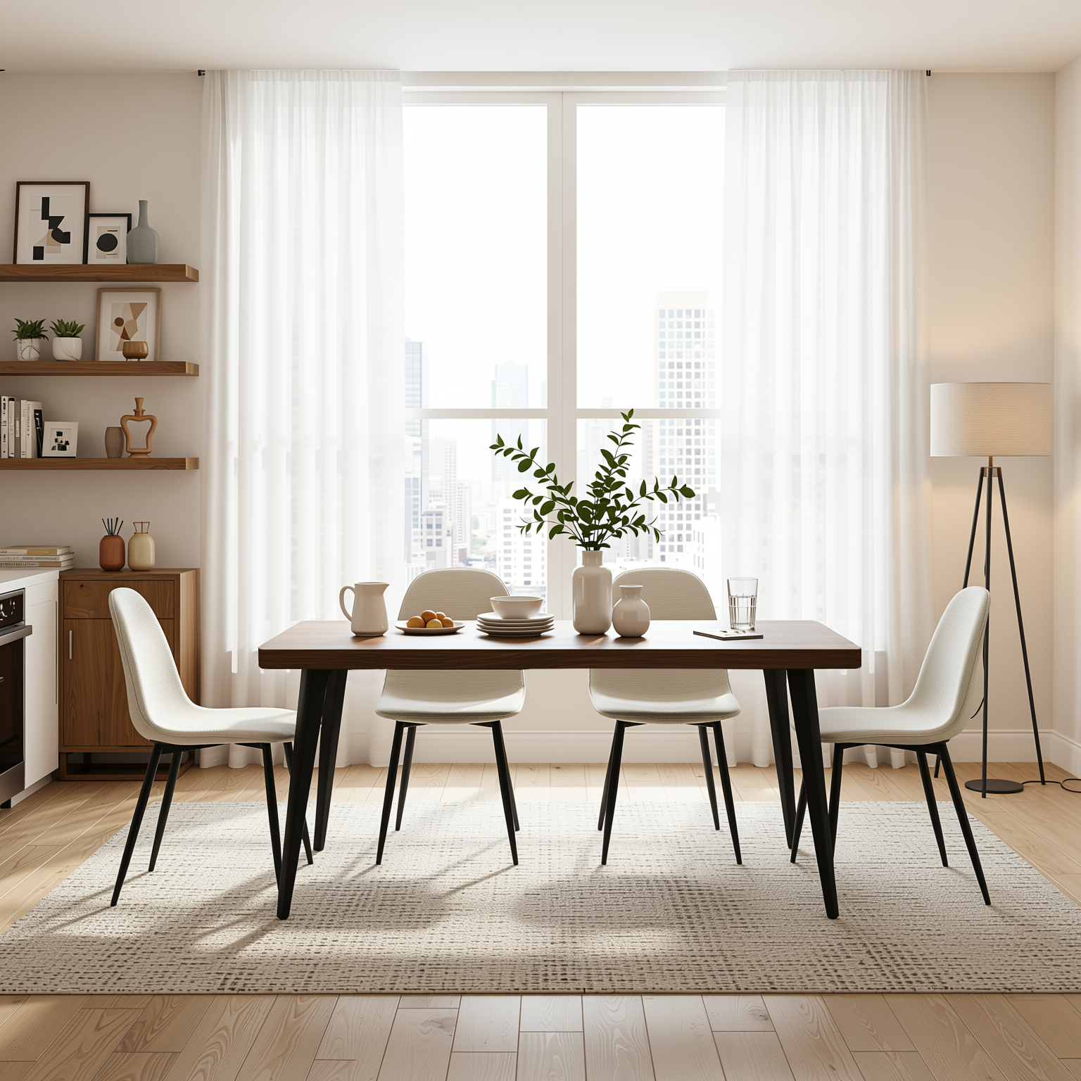 Homy Casa STAN+CHARLTON 5PC Dining Set 63” Dark Walnut Table with 4 Charlton Barrel Beige Fabric Chairs