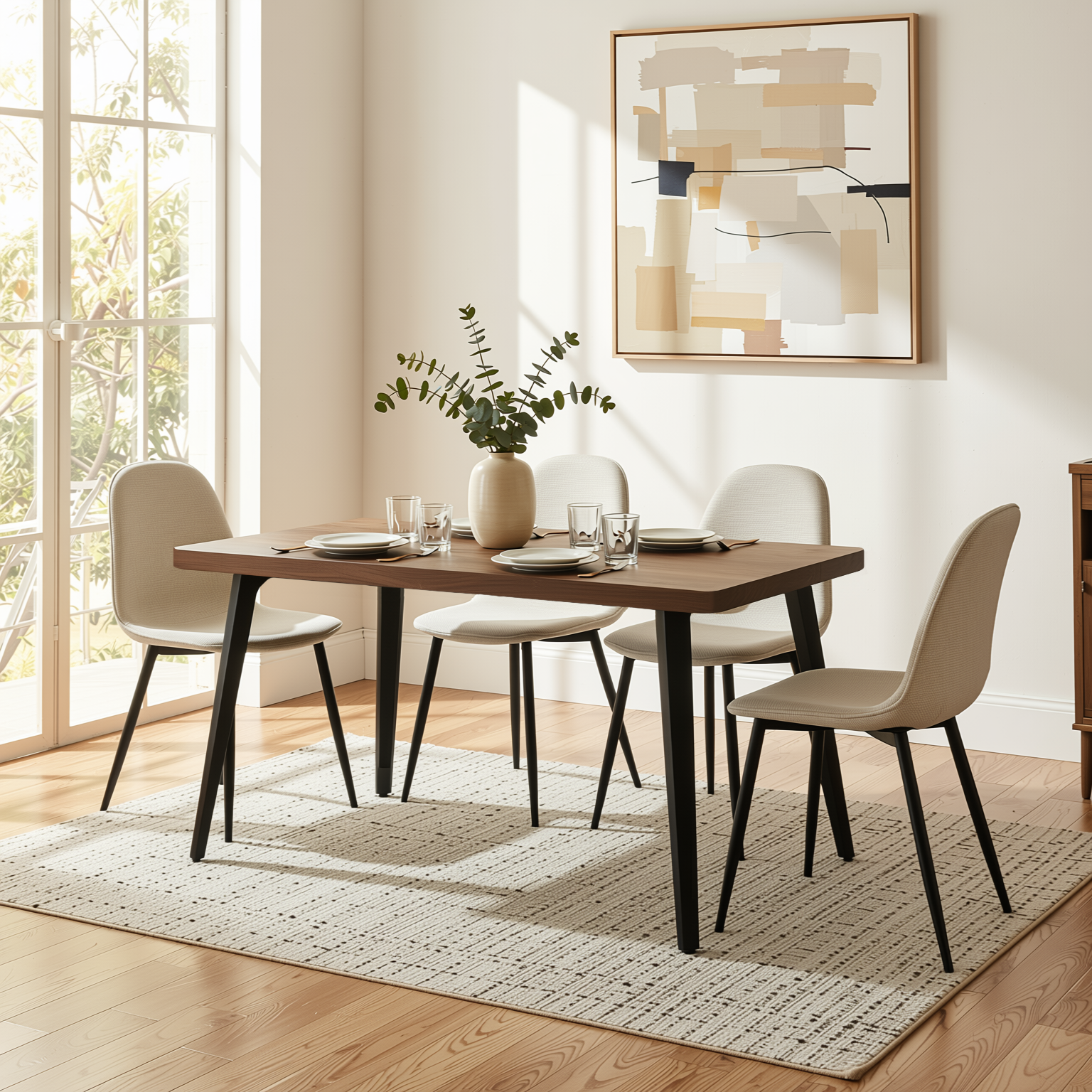 Homy Casa STAN+CHARLTON 5PC Dining Set 63” Dark Walnut Table with 4 Charlton Barrel Beige Fabric Chairs